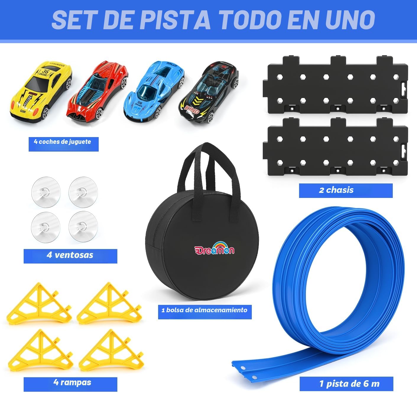 Dreamon Pista de Coches para Niños 6 Metros Pista Coches Flexible Incluye 4 Coches de Juguete 2 Rampas 1 Bolsa de Almacenamiento 4 Ventosas Regalo para Niño y Niñas 3 4 5 6 Años