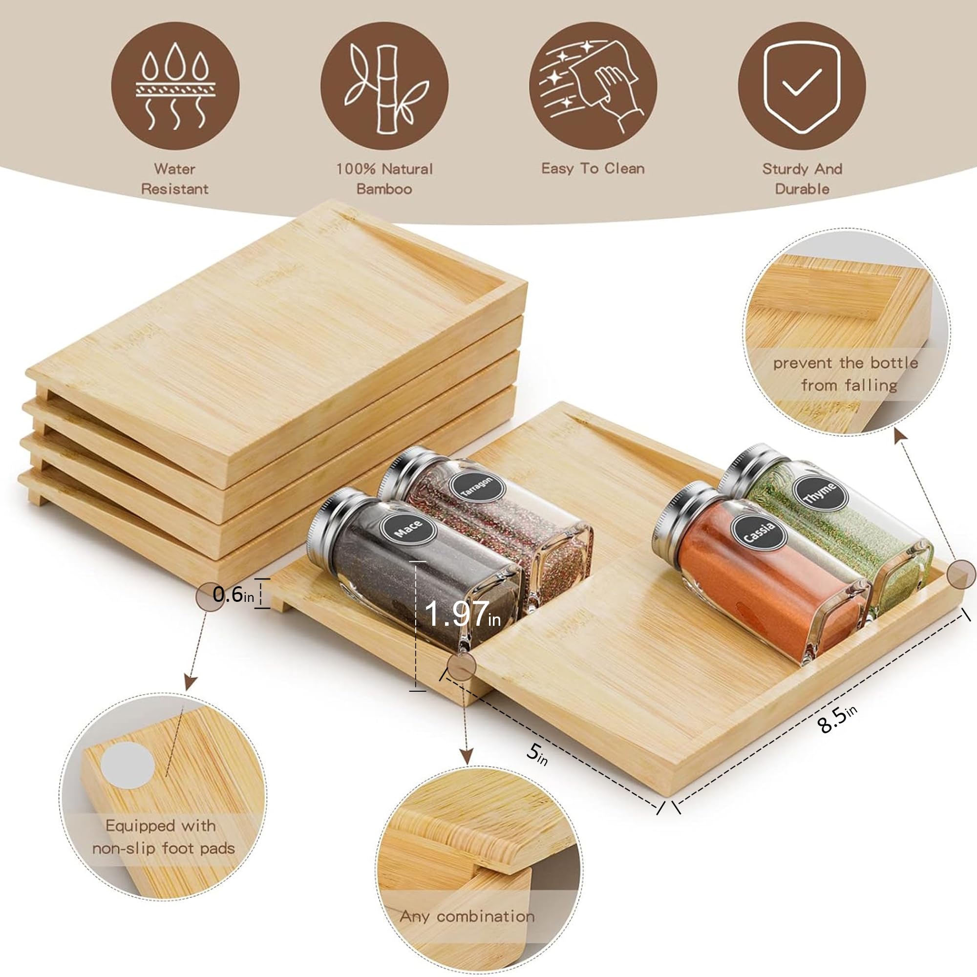 Organizer Per Cassetti Spezie In Bambù – 4 Vassoi Da 33cm – Inserti Per Cucina (Barattoli Esclusi)