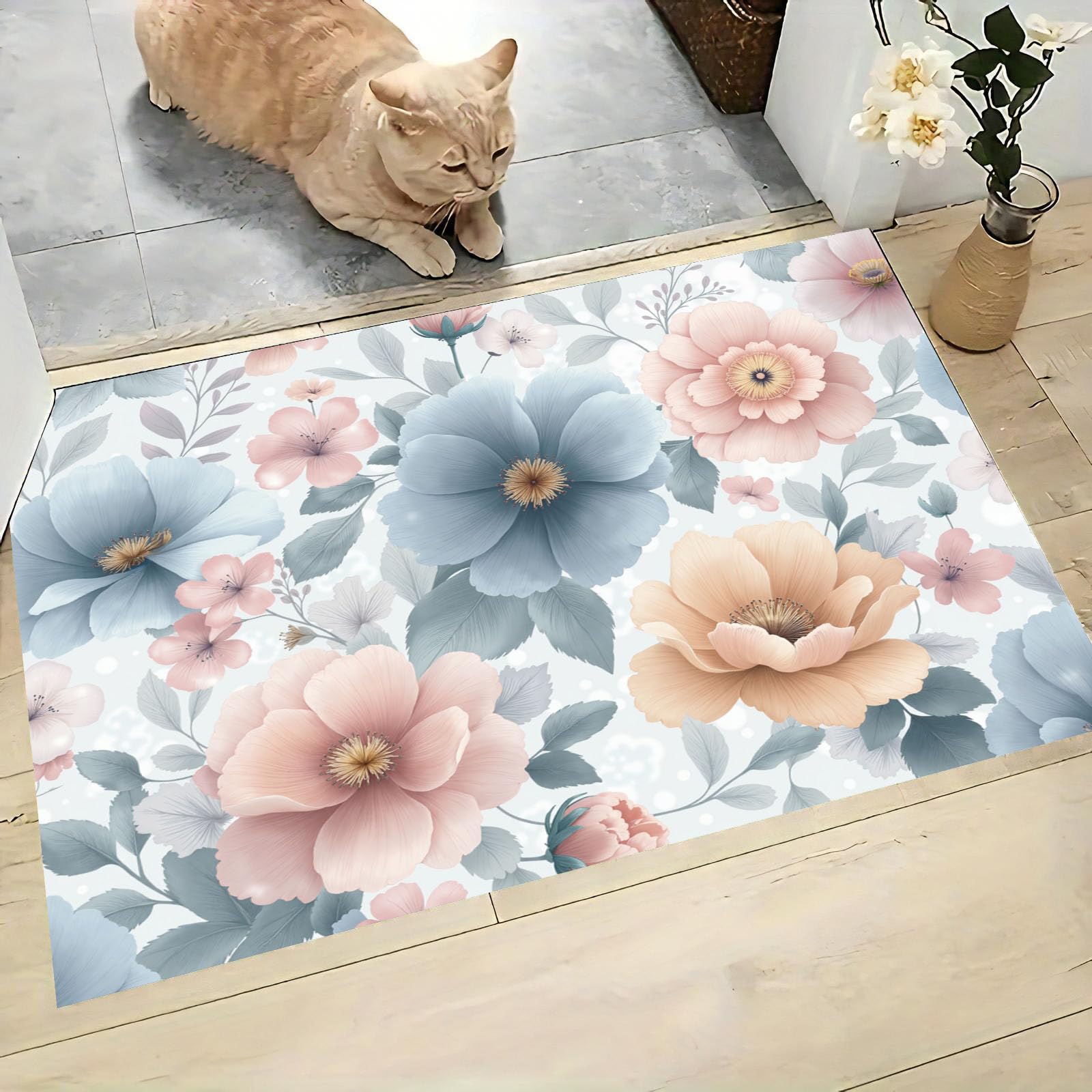 Tapis Entree Interieur Fleurs De Campagne Rurales 80x120cm Lavable en Machine, paillasson AntidéRapant Poil Ras, Aquarelle Coquelicot pour Chambre Salle a Manger Cuisine, Bleu Rose