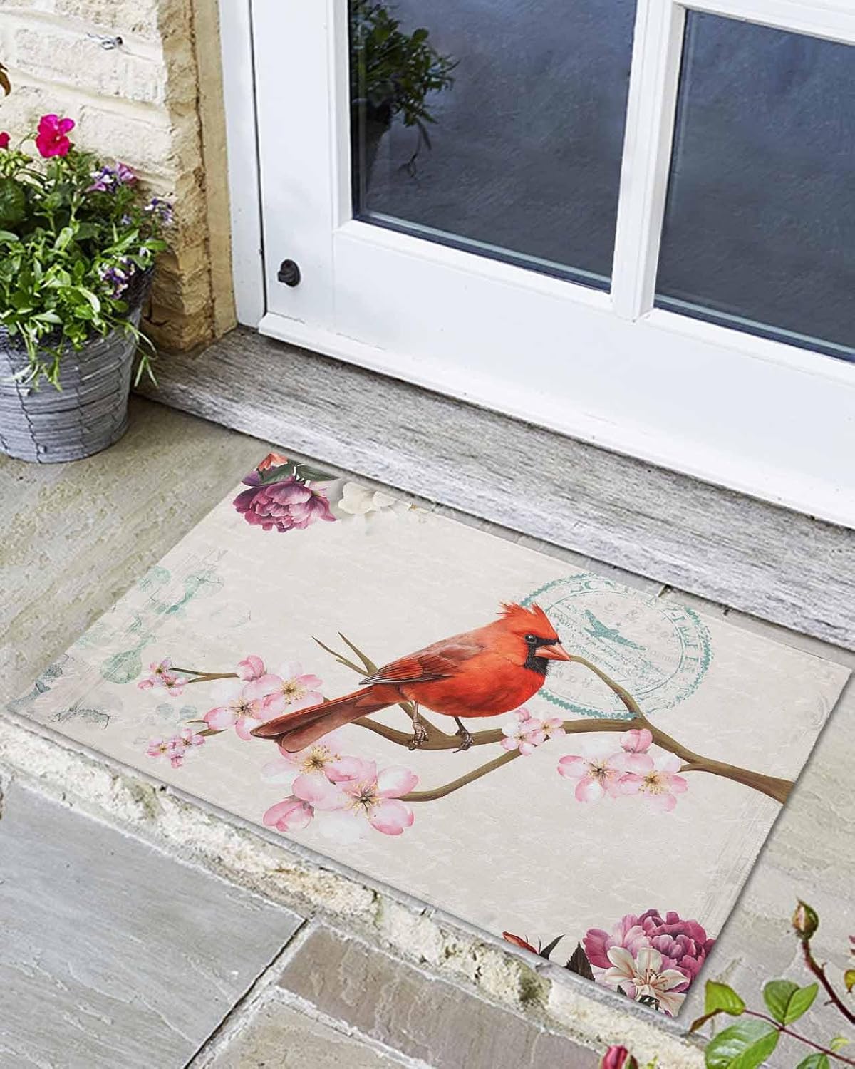Front Door Mat, Non - Slip Absorbent Door Entry Mats, Doormats Indoor/Outdoor Entrance Small Rugs, Retro Bird and Flower Pattern Vintage Floral Doormat - Easy to Clean Floor Mats for Home 24x36 Inch