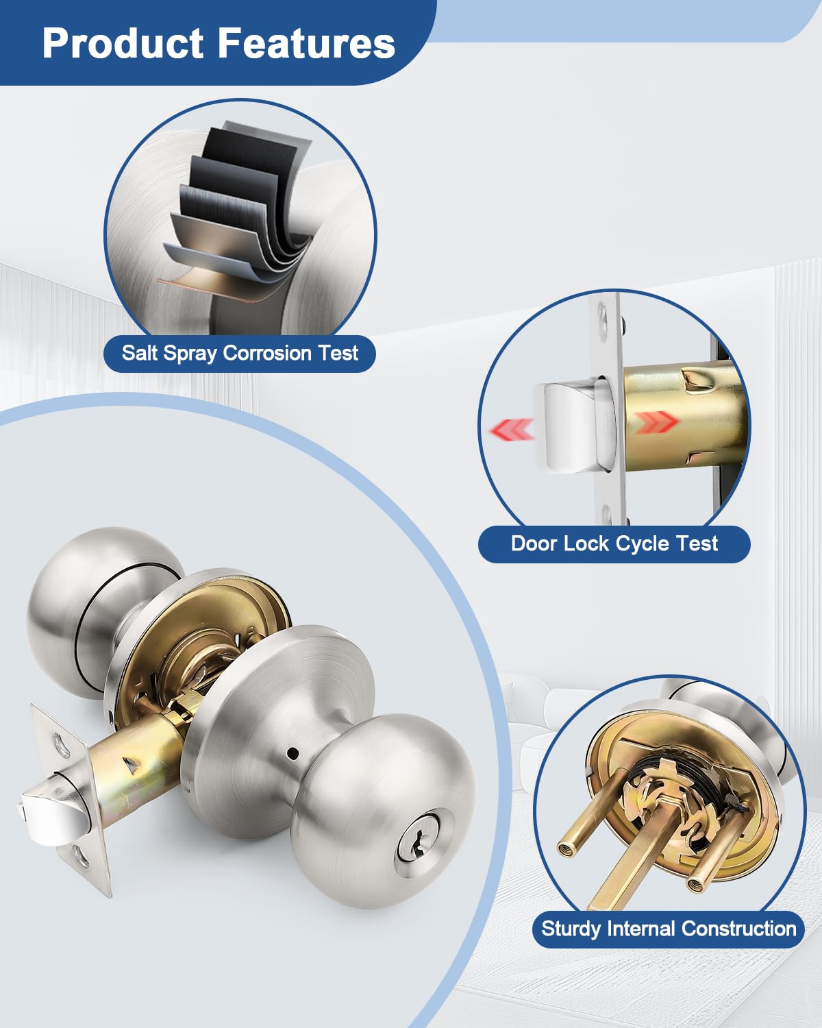 GOBEKOR 1 Pack Brushed Nickel Door Knob with Lock and Keys, Keyed Alike Reversible Entry Door Lock for Left or Right Hand Doors, Ideal for Front/Entrance Door - 3