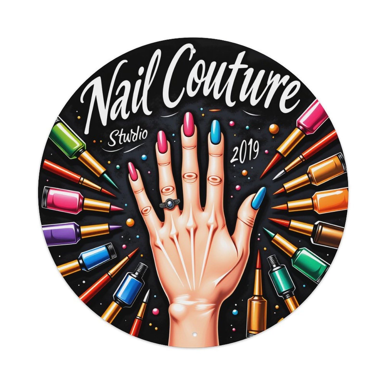 Nail Art Studio Design Pattern Round Sign Wall Decor Poster, Home Bar Garage Cafe Kitchen Wall Art Decoration 12X12Inches