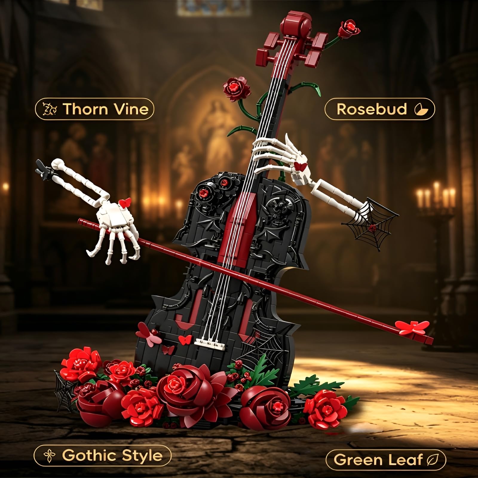 Gothic Rosen Geigen Bauklötze Set, 1429 Teile Sammlbares Musikinstrument Modell mit Skelett Händen & roten Rosen, Dekoratives Baukasten Display für Erwachsene & Teenager