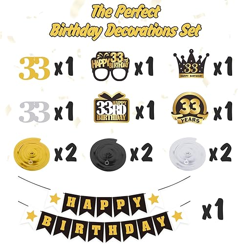 Miniatura 620 de LINGTEER Happy 65th Birthday Decorations Set - 12Pcs Black & Gold Swirls Streamer,Happy Birthday Bunting Banner,Cheers to 65 Years Old Bday Party