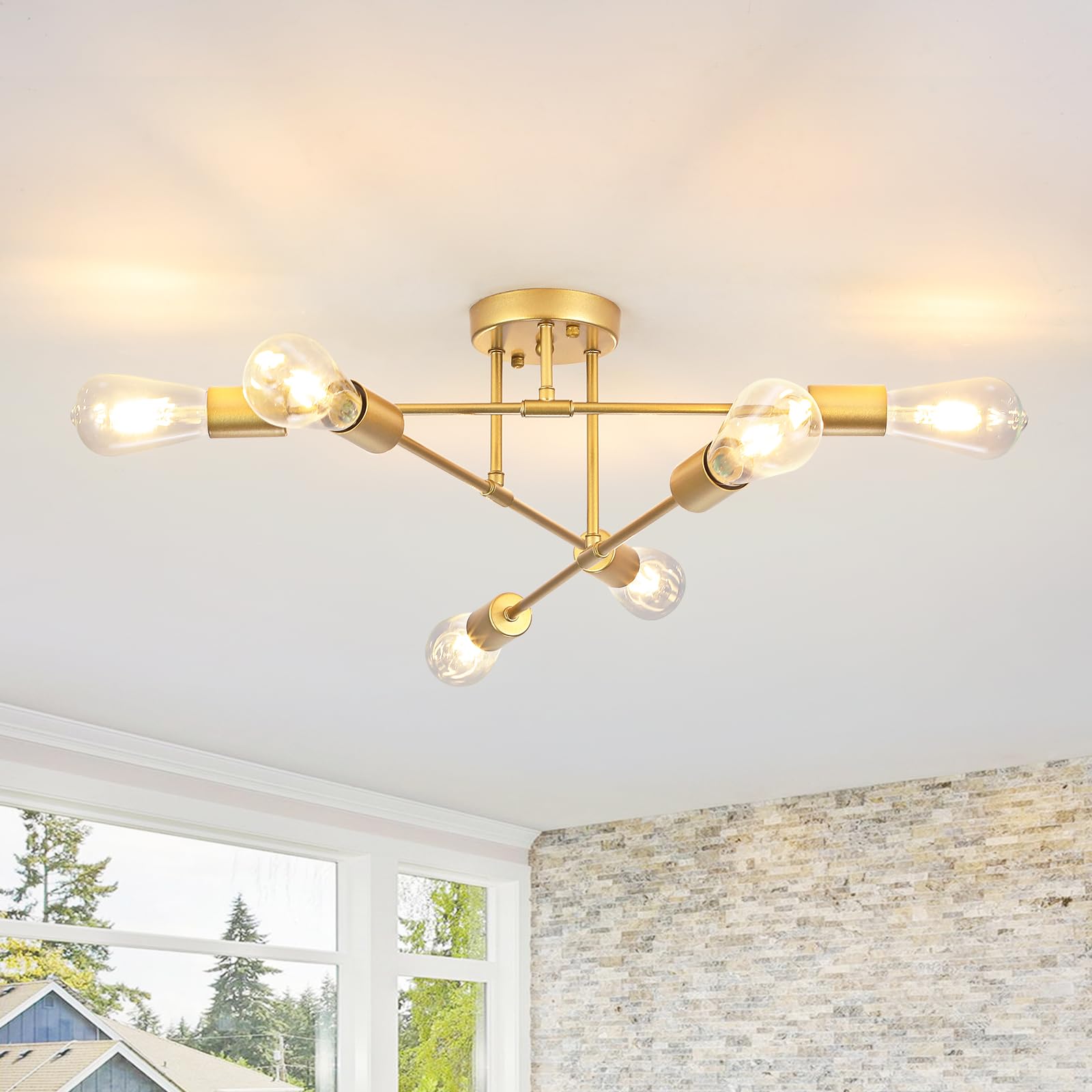 LWYTJO Gold Ceiling Lights Living Room, 6-Lights Sputnik Ceiling Light