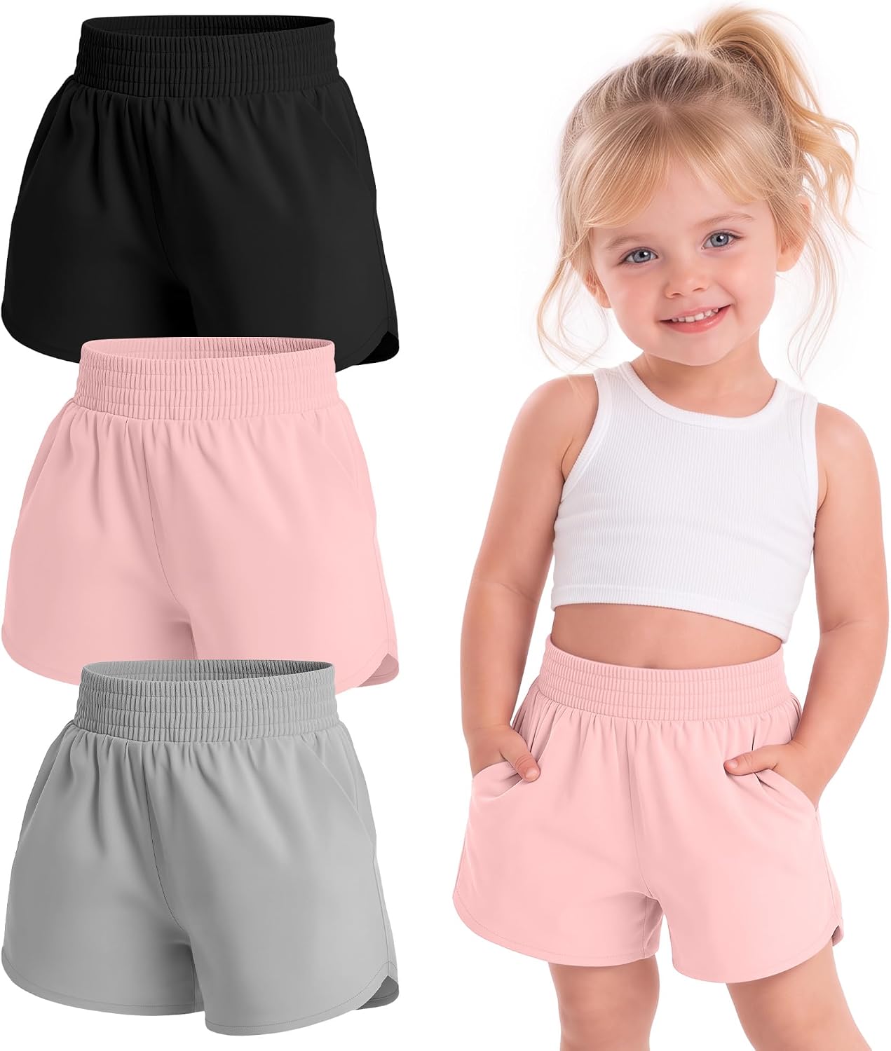 3 Pack Toddler Girls' Athletic Shorts with Liner 2 in 1 Kids Quick Dry Mid Waist Elastic Soccer Shorts with Pockets