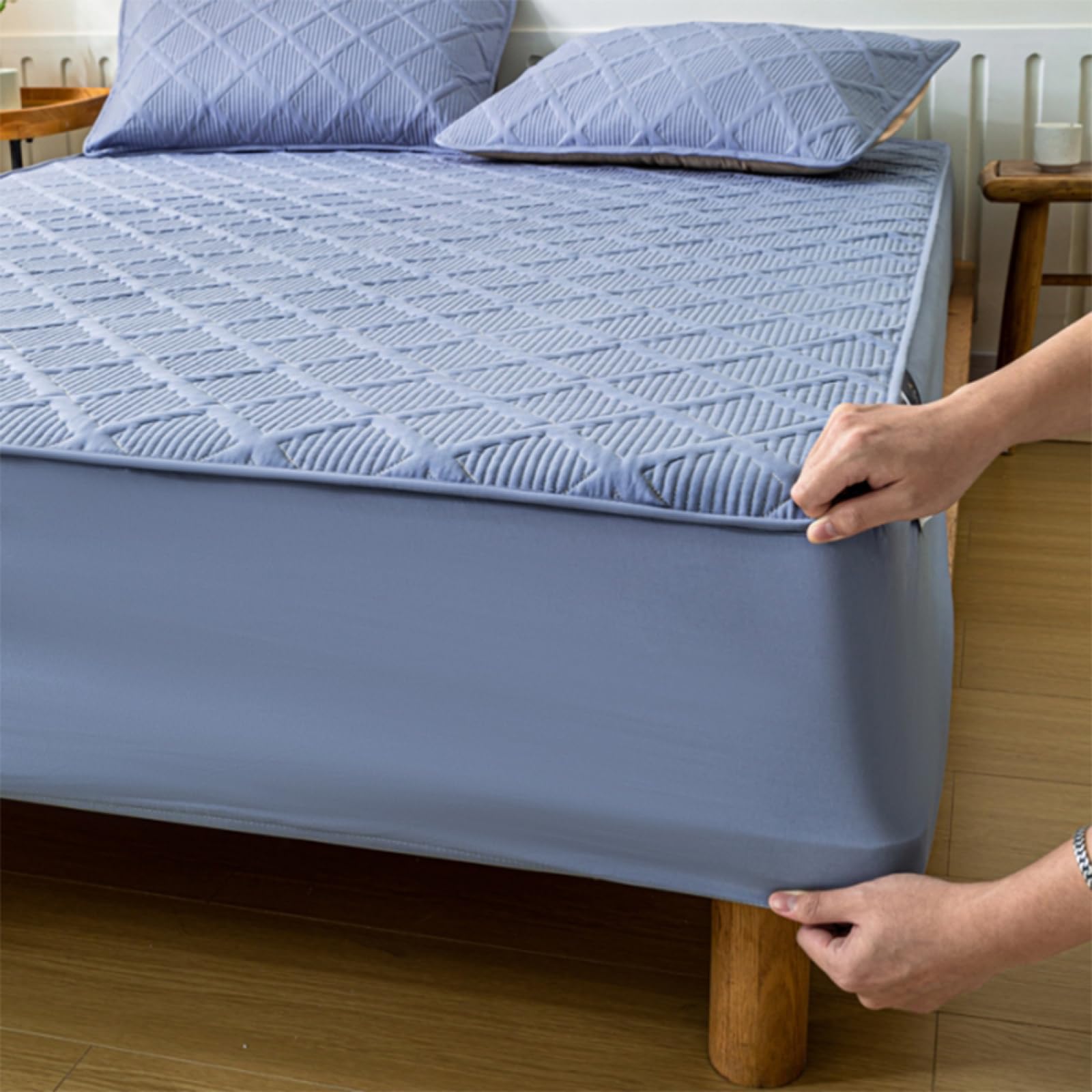 Sábana bajera ajustable de 200 x 220 cm de profundidad, 100 % algodón, suave y transpirable, color azul y gris, lujosa y cómoda, respetuosa con el medio ambiente para una mejor experiencia de sueño