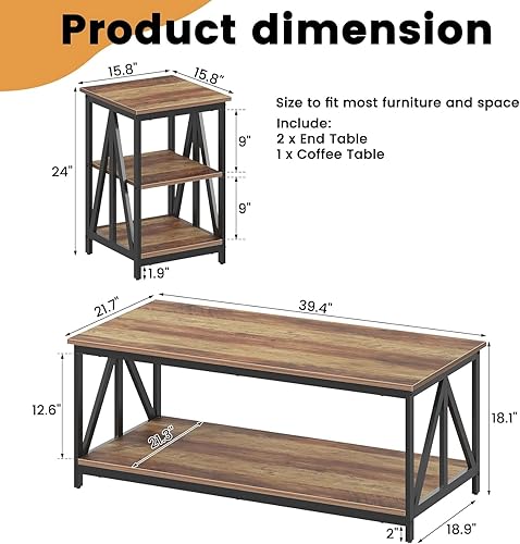 Miniatura 12 de Bigbiglife Juego de 3 mesas de centro para sala de estar, mesa auxiliar industrial de diseño X y 2 mesas auxiliares, juego de mesa de sala de estar