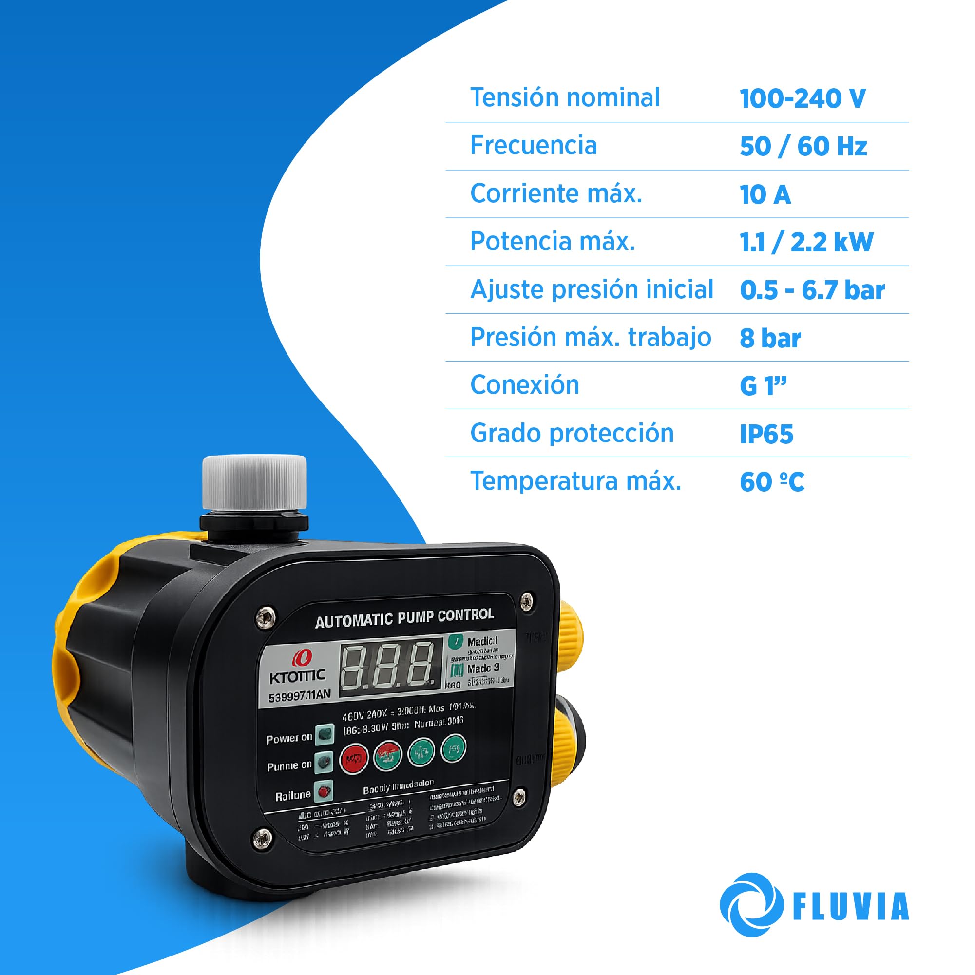 Regulador de Presión Automático Vertical Adjustable 0.5–6.7 bar Presión de Salida Adjustable con Control Digital Presscontrol – Protección Bomba Agua IP65 – Uso Doméstico Agrícola y Civil – FLUVIA