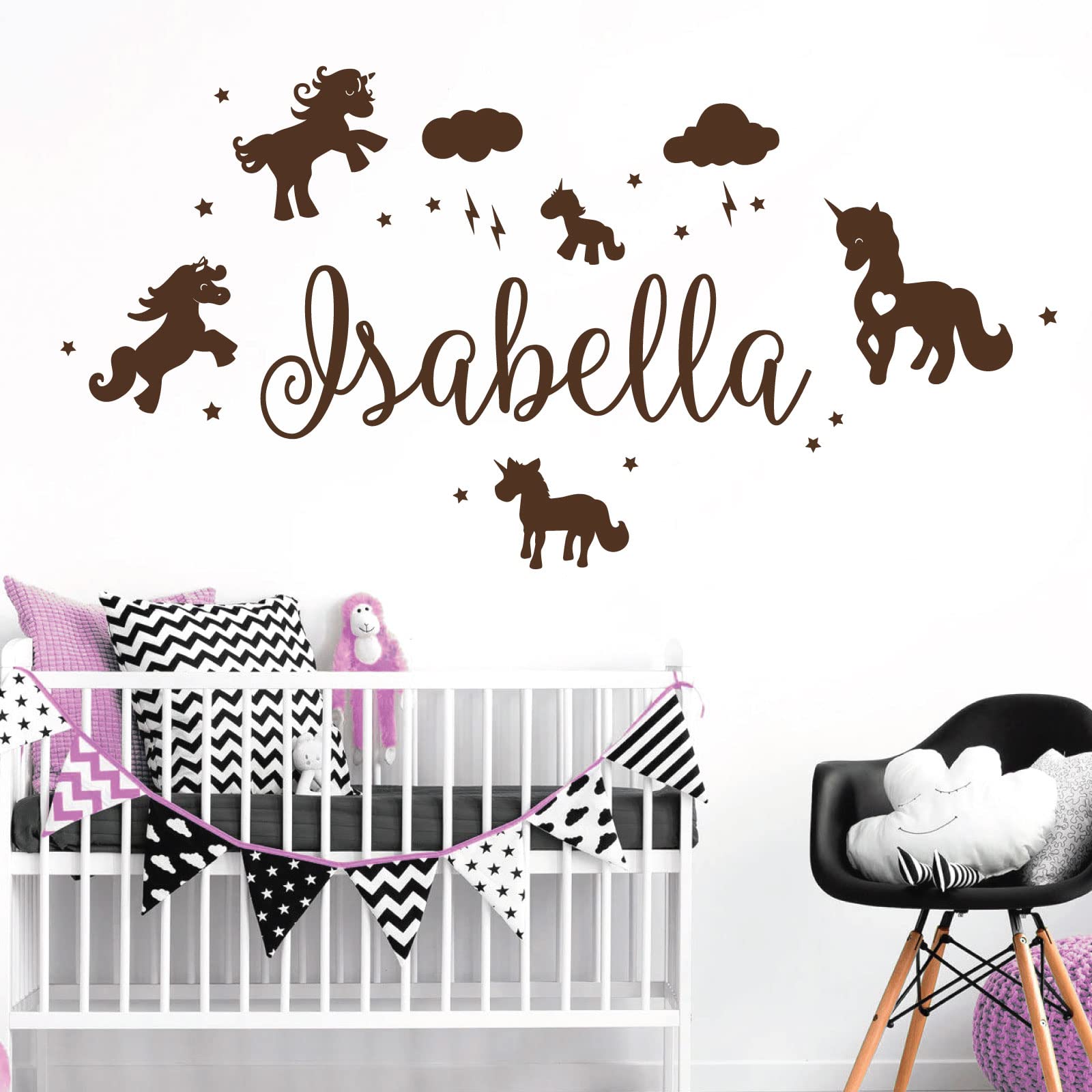 Unicorns, Stars & Clouds - Personalised Name Girls Wall Art Sticker [Large] [Chocolate]