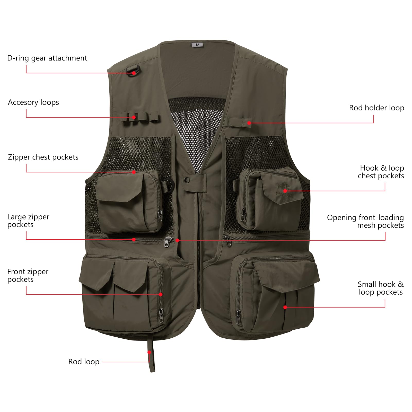 BASSDASH Gilet cargo da pesca da uomo e donna, per attività all'aperto, safari, fotografia, con tasche multiple sul retro in rete, FV14