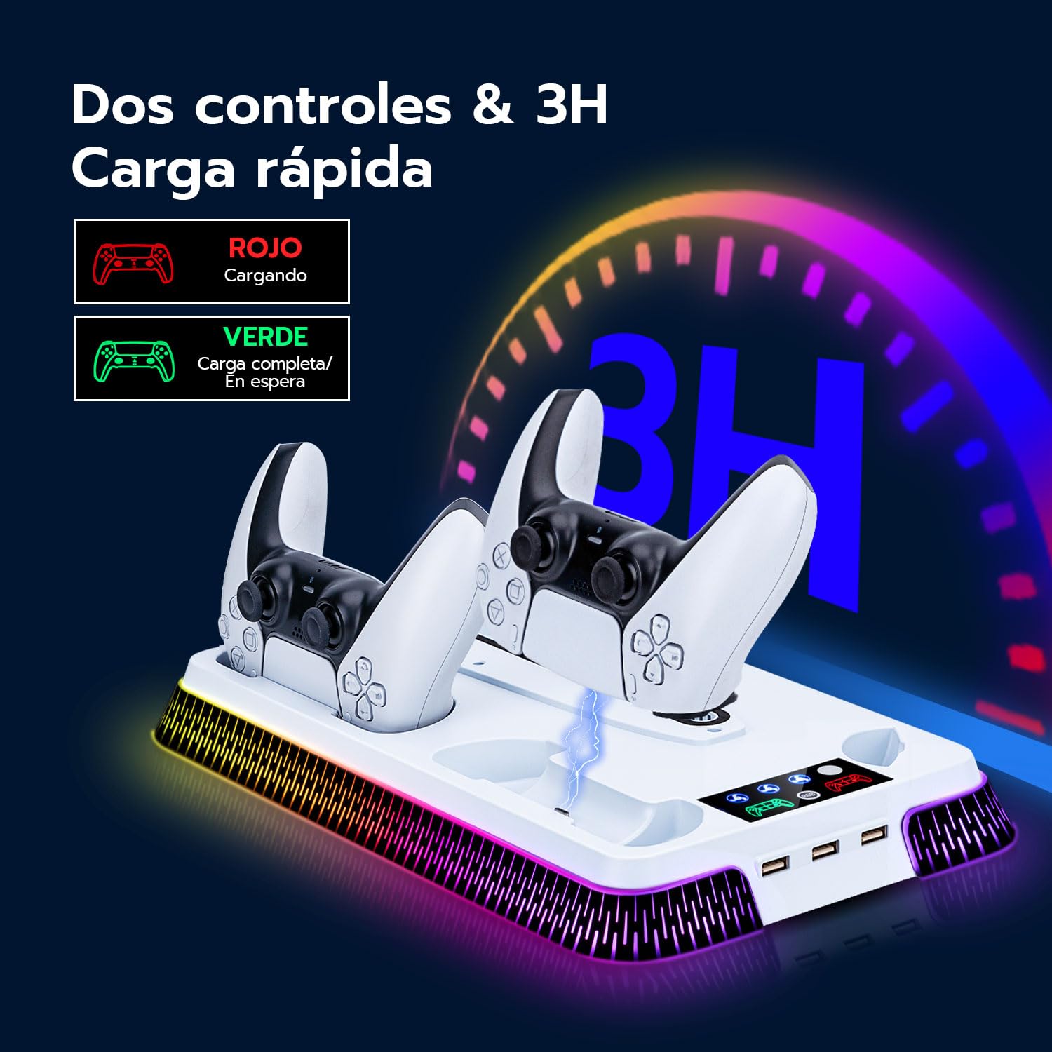 Wigearss Soporte Vertical para PS5/PS5 Slim/PS5 Pro con Ventiladores de Refrigeración Carga para 2 Mandos, Ventilador de Enfriamiento Ajustable en 3 Niveles con 10 Efectos de Iluminación LED