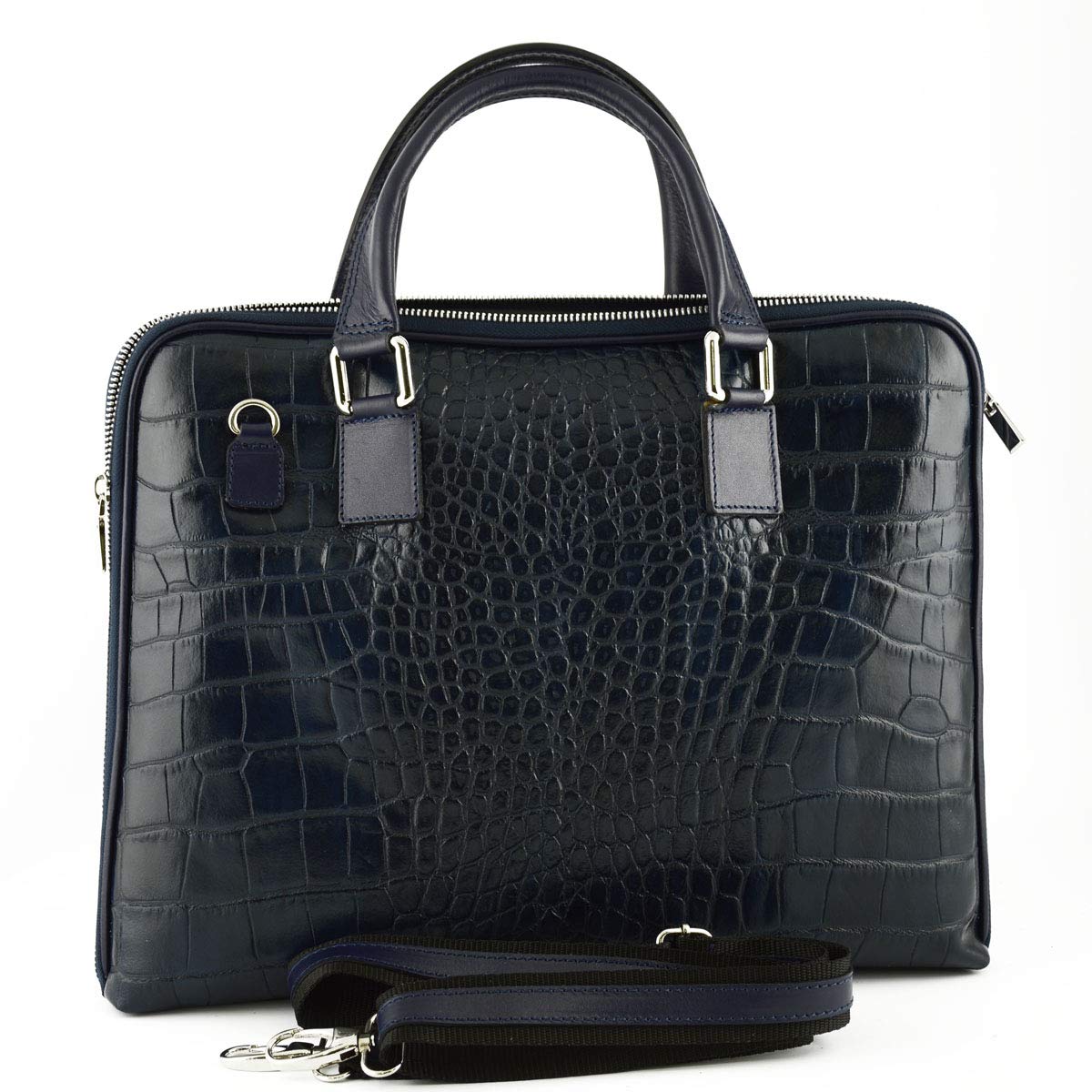 Maletín En Piel Verdadera Para Mujer Estampado De Cocodrilo Color Azul Oscuro - Peleteria Echa En Italia - Business
