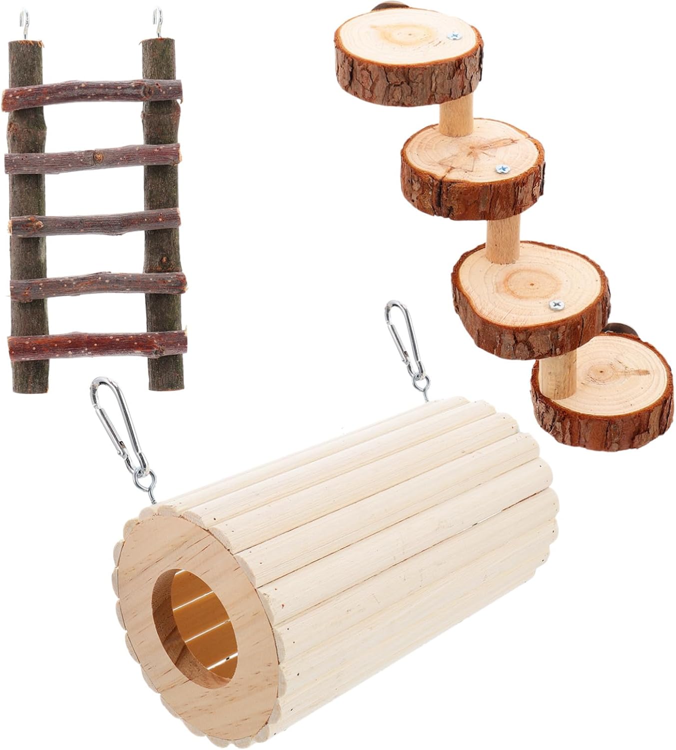 Happyyami 3PCS Wooden Hamster Hollow Trunk Tunnel Set with Ladder for Small Pets Stress Relief and Entertainment for Hamster Squirrel Chinchilla Guinea Pig Cage Accessory