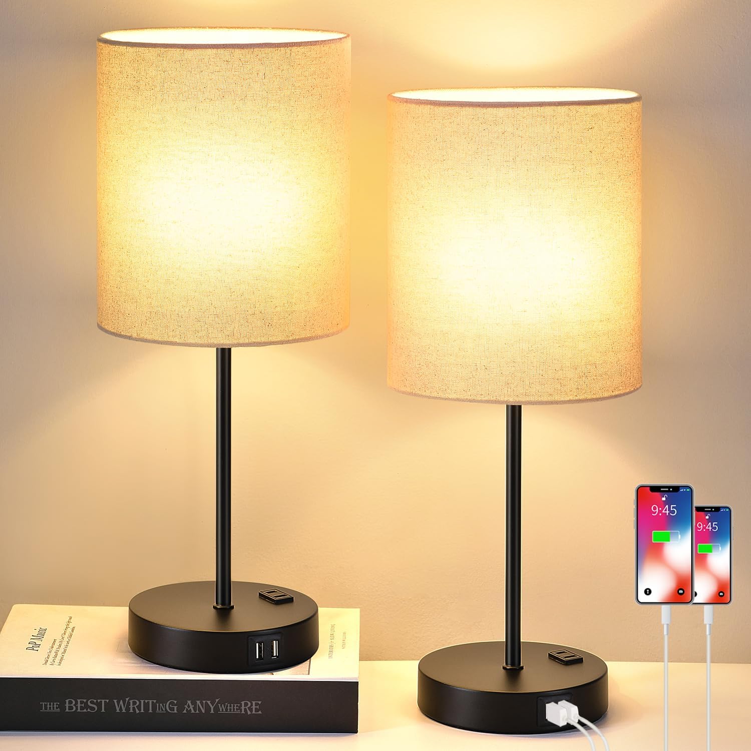 【Upgraded】Beige Touch Table Lamps Set of 2 with 2 USB Ports and AC Outlet, 3-Way Dimmable Bedside Lamps for Living Room, Nursery, Office, Bedroom, 800 Lumens, 2700K