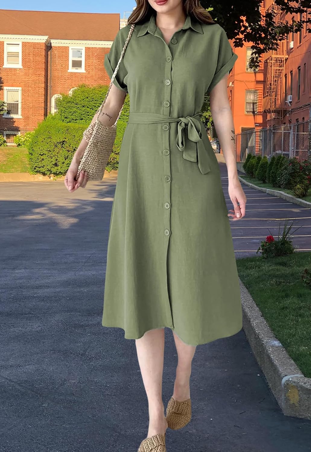 Women's Short Sleeve Button Down Shirt Dress Casual Loose Belted Summer Midi Dress - Image 6