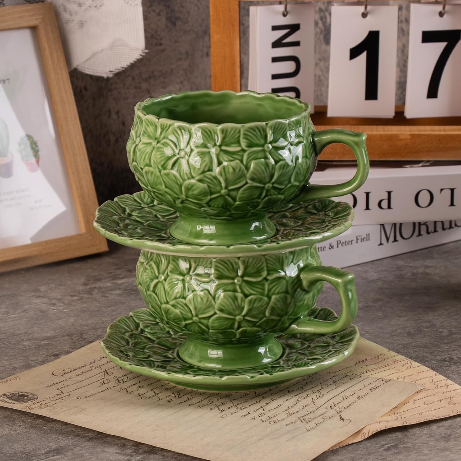 KAMMAK Tea Cups and Saucers Set of 2, Porcelain Coffee Cups, 8.5-Ounce Stackable Espresso Mugs, Ceramic Demitasse for Coffee, Latte, Americano, Tea, Green Flower - Image 2