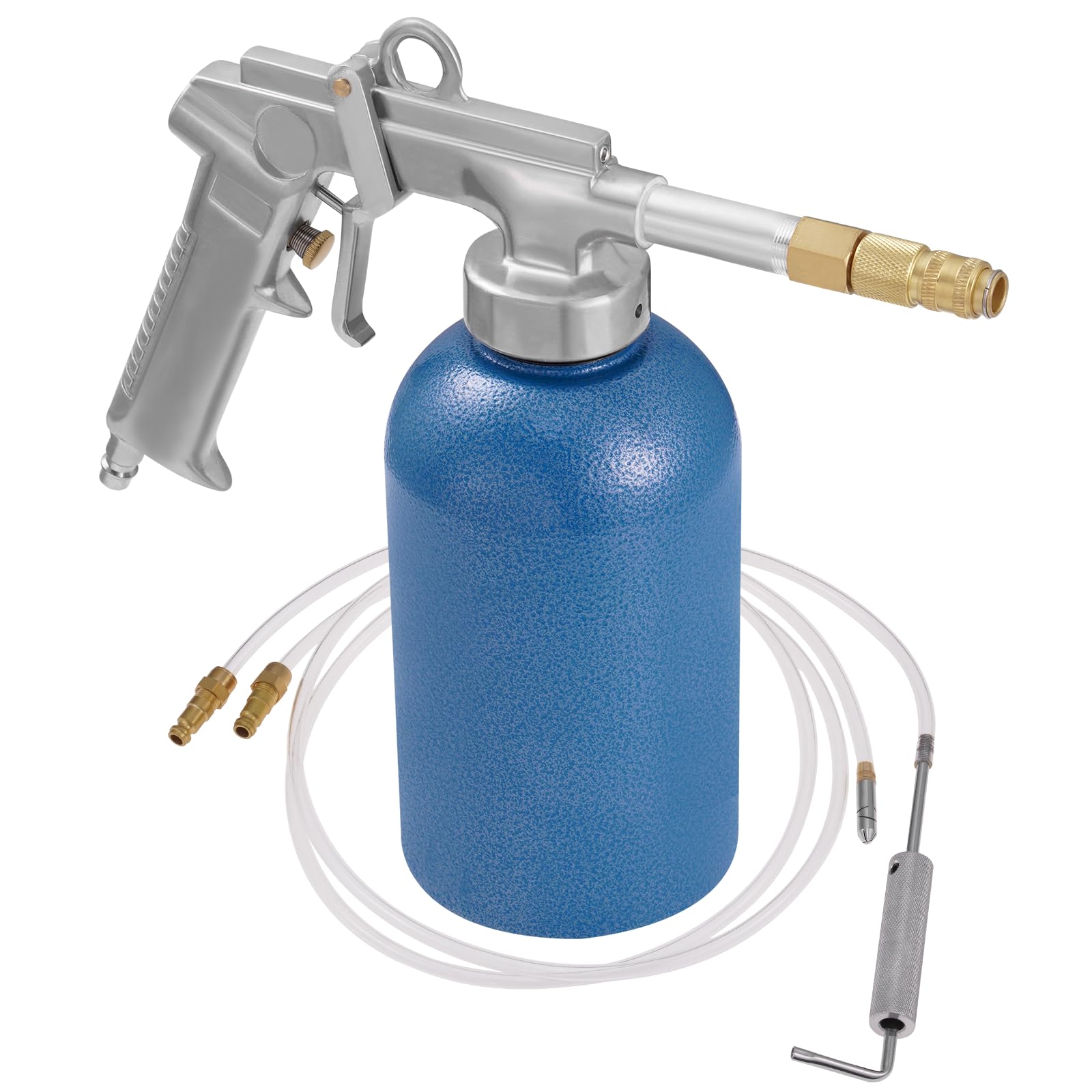 Pistolet do kubków ciśnieniowych z aluminiowym pojemnikiem 1100 ml, pistolet na sprężone powietrze 4-6 bar, maks. 7 bar, z wieloma wężami dysz, do ochrony podwozia pojazdu i ochrony przed