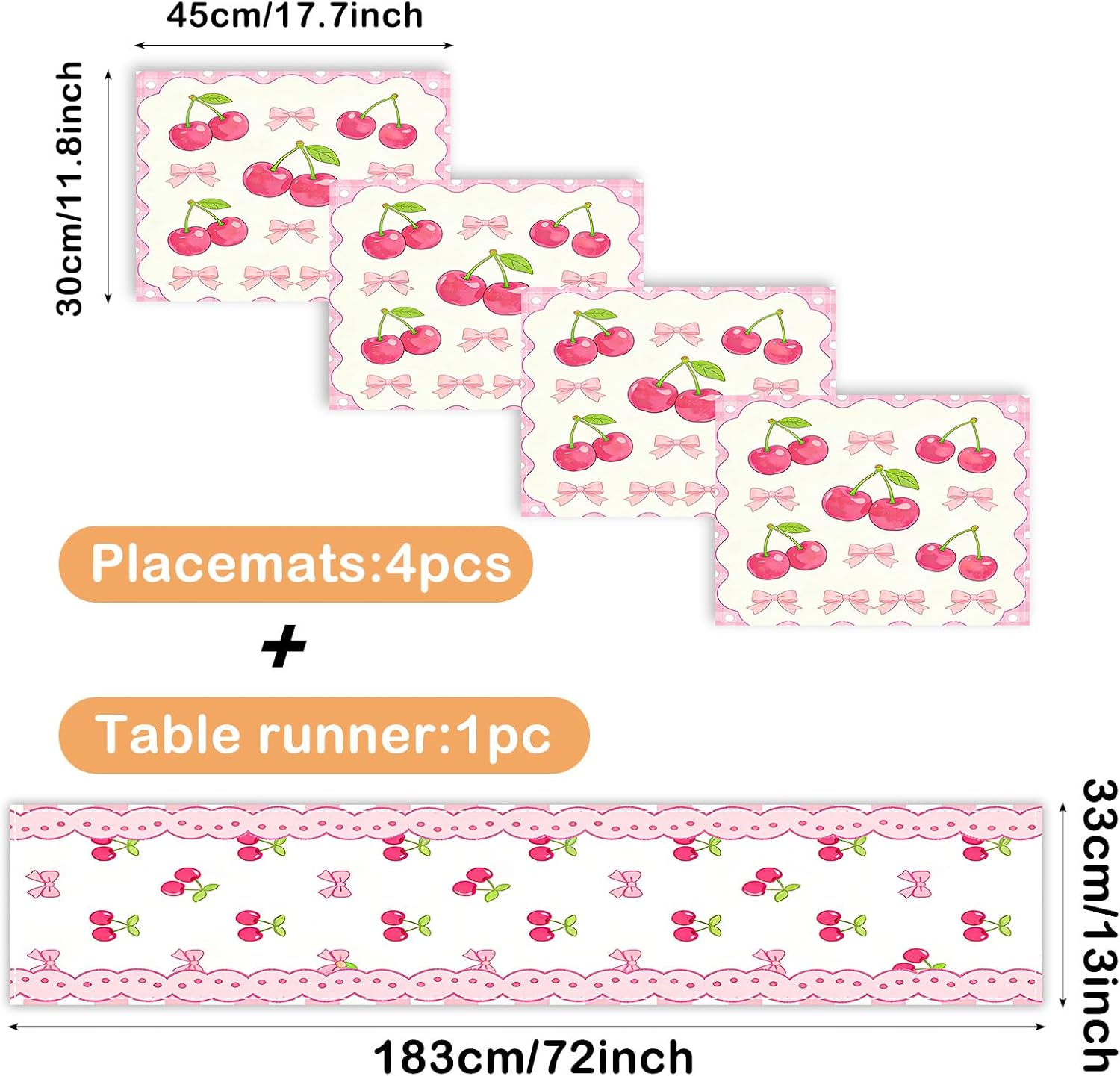 Nuxovilar Tablerunner and Placemats Set of 5 Pastel Pink Cherry Bow Print Linen Square Placemats Dining Sets and Accessories Table Decor Brunch, Tea Parties, Dining Tables