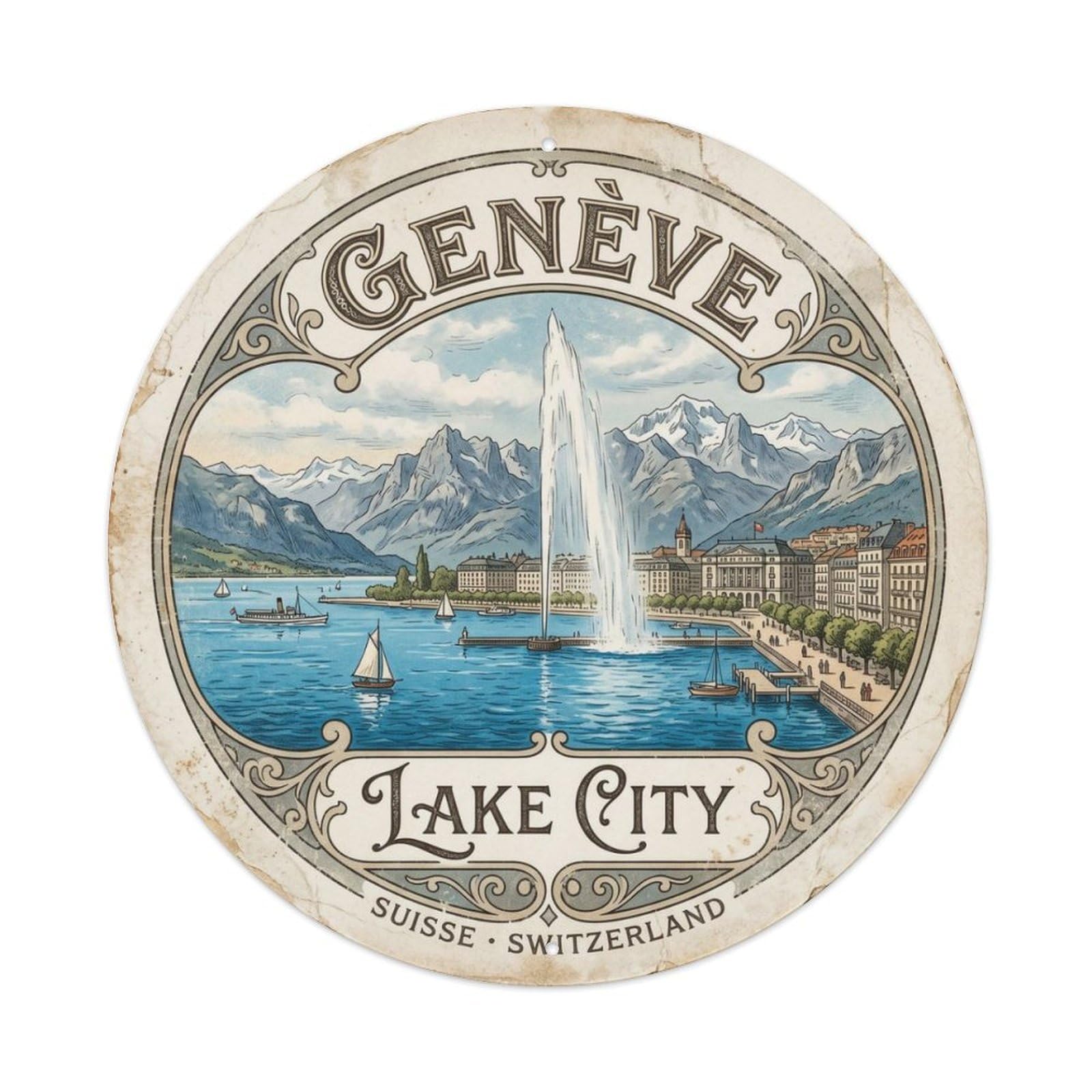 Vintage Travel Geneva Lake Fountain Metal Tin Sign Plaque Wall Decor for Cafe, Club, Garden Round Metal Poster 8x8Inch