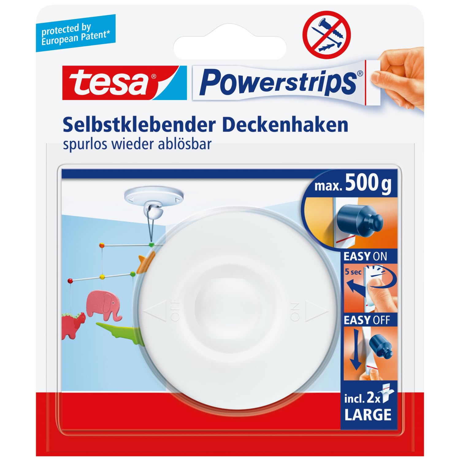 tesa Powerstrips Deckenhaken - Selbstklebender, drehbarer Haken in Weiß zum Aufhängen von Decken-Dekoration - Mit tesa Powerstrips Large - Bis zu 500 g Halteleistung