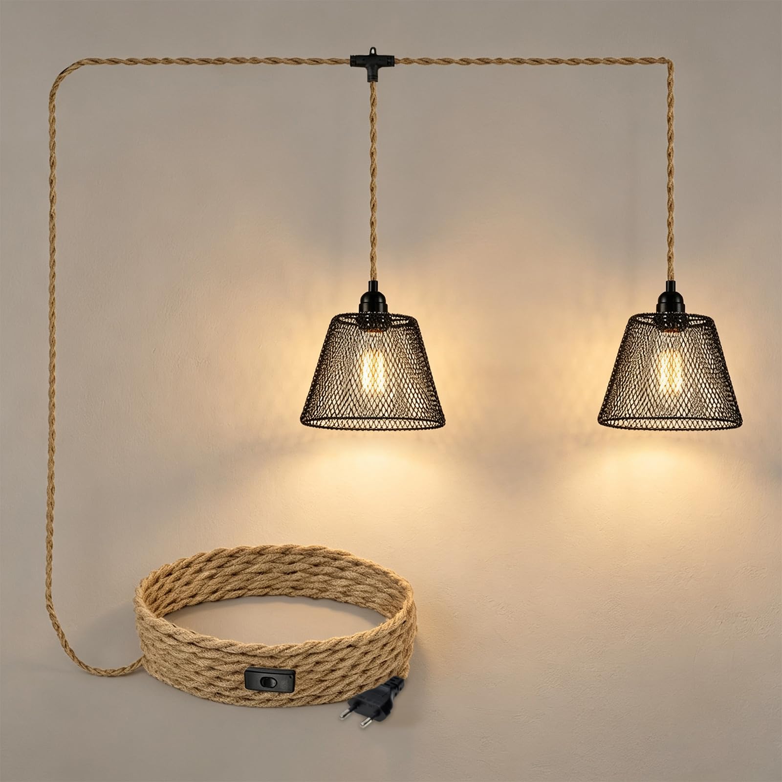 Hanfseil Pendelleuchte 2 Flammig, Lampenschirm Hängelampe mit Stecker