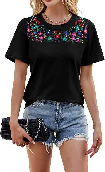 Mexican Embroidered Shirt Women Mexico Shirts Boho Floral Embroidery Top