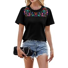 Women Mexican Embroidered Shirt Mexico T-Shirt Traditional Summer Blouse Boho Floral Embroidery Tunic