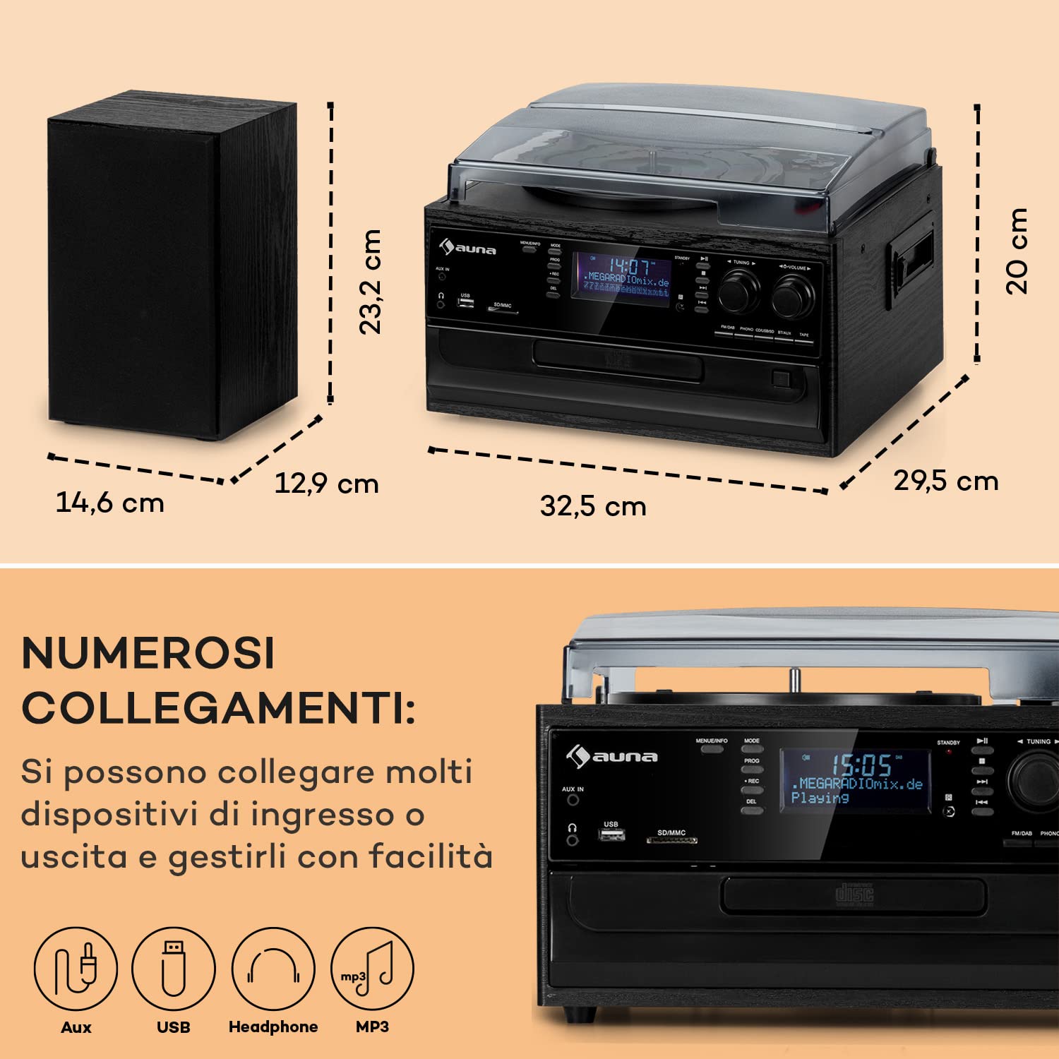 Auna Giradischi Bluetooth per Dischi in Vinile, Lettore Vinile a 3 Velocità di Riproduzione, Giradischi Vinili Vintage con Casse Stereo, AUX, Gira Dischi per Vinile con Jack per Cuffie e Lettore CD