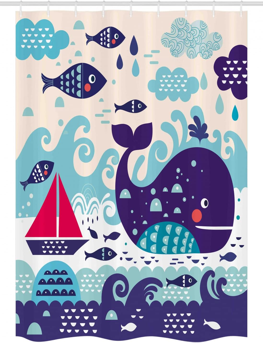 Ambesonne Purple Stall Shower Curtain, Marine Traffic with Whale Sailboat and Fish with Cloud and Waves Nautical Life Print, Fabric Bathroom Decor Set with Hooks, 54" W x 78" L, Purple