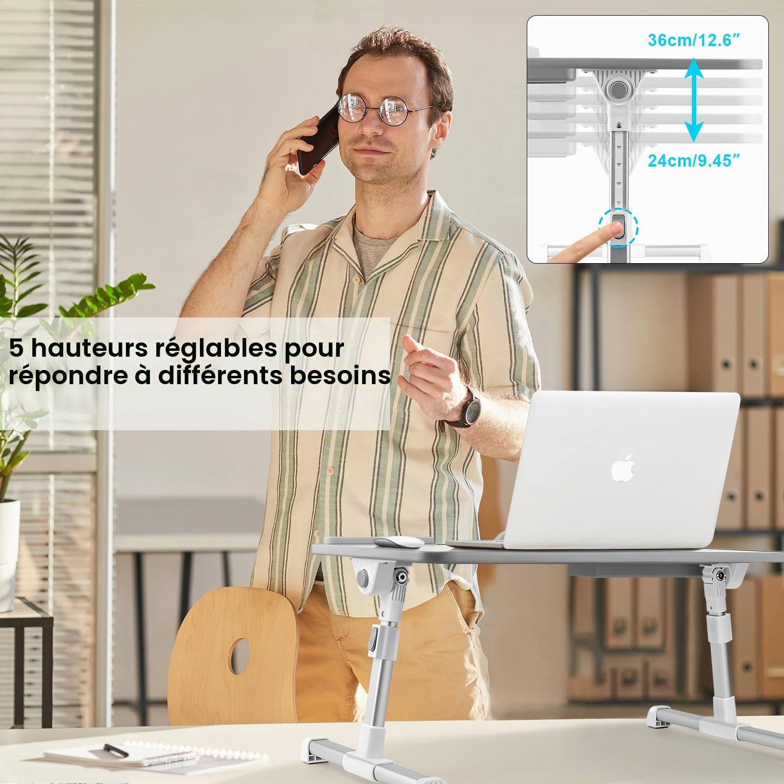 Table de Lit pour Ordinateur Portable, Pliable, Réglable en Hauteur et Angle, Plateau de Lit avec Tiroir/Fente pour Tablette, Table pour Canapé, Sol (60 x 34 cm, Beige)