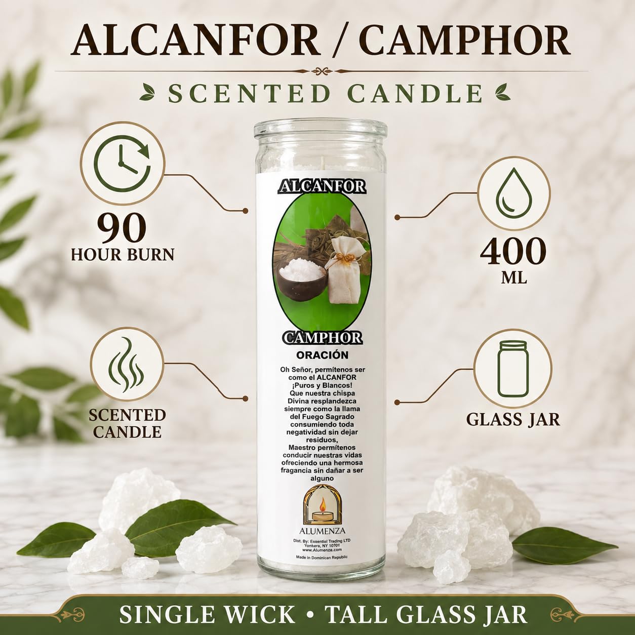 Velas devocionales aromáticas blancas de alcanfor / Alcanfor de 90 horas y 7 días, tarros de vidrio Veladoras, velas perfumadas blancas, novena de purificación espiritual, altar hispano