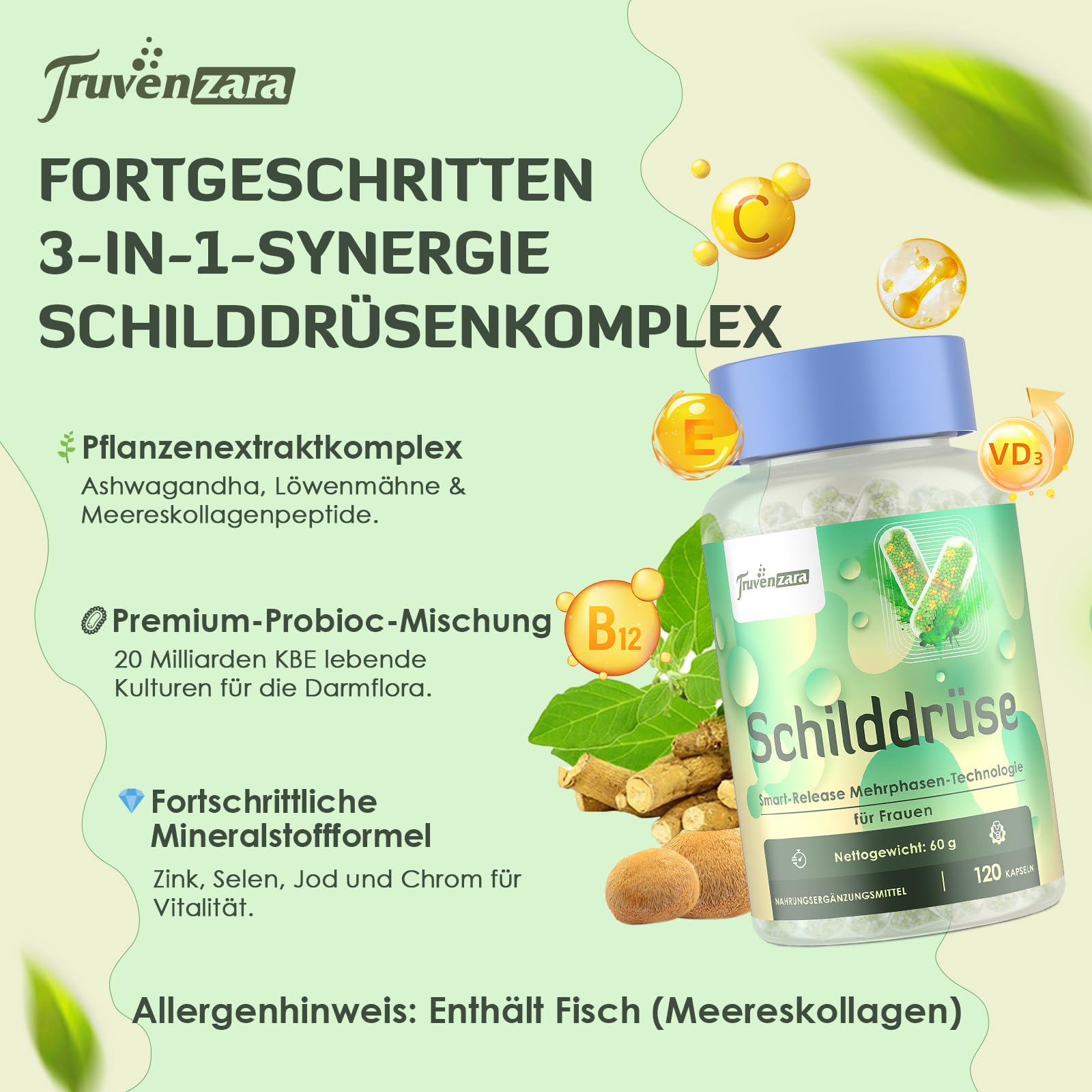Schilddrüsen-Komplex für Frauen, Smart-Release Mikrosphärenkapseln, mit Jod, Selen, Ashwagandha & 20 Mrd. KBE Probioc, Nicht-GVO (120 Stück (4er Pack))