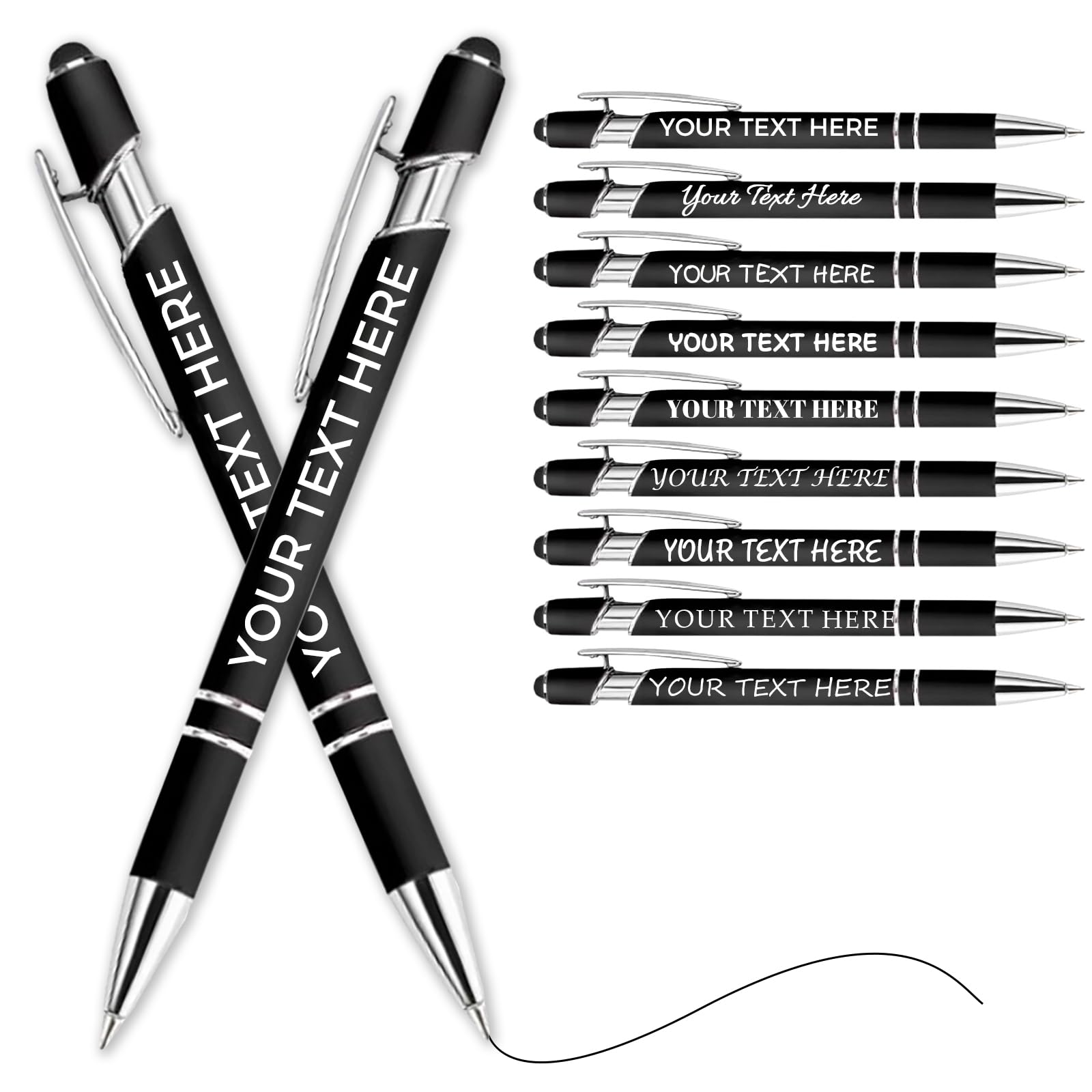 Personalised Pen Ballpoint Pens With Stylus,Customised Engraved Text Bulk Wholesale Pens - Ideal For Business Promotions, Schools, Company Event Giveaways, Personalised Gifts(Black,100Pcs)