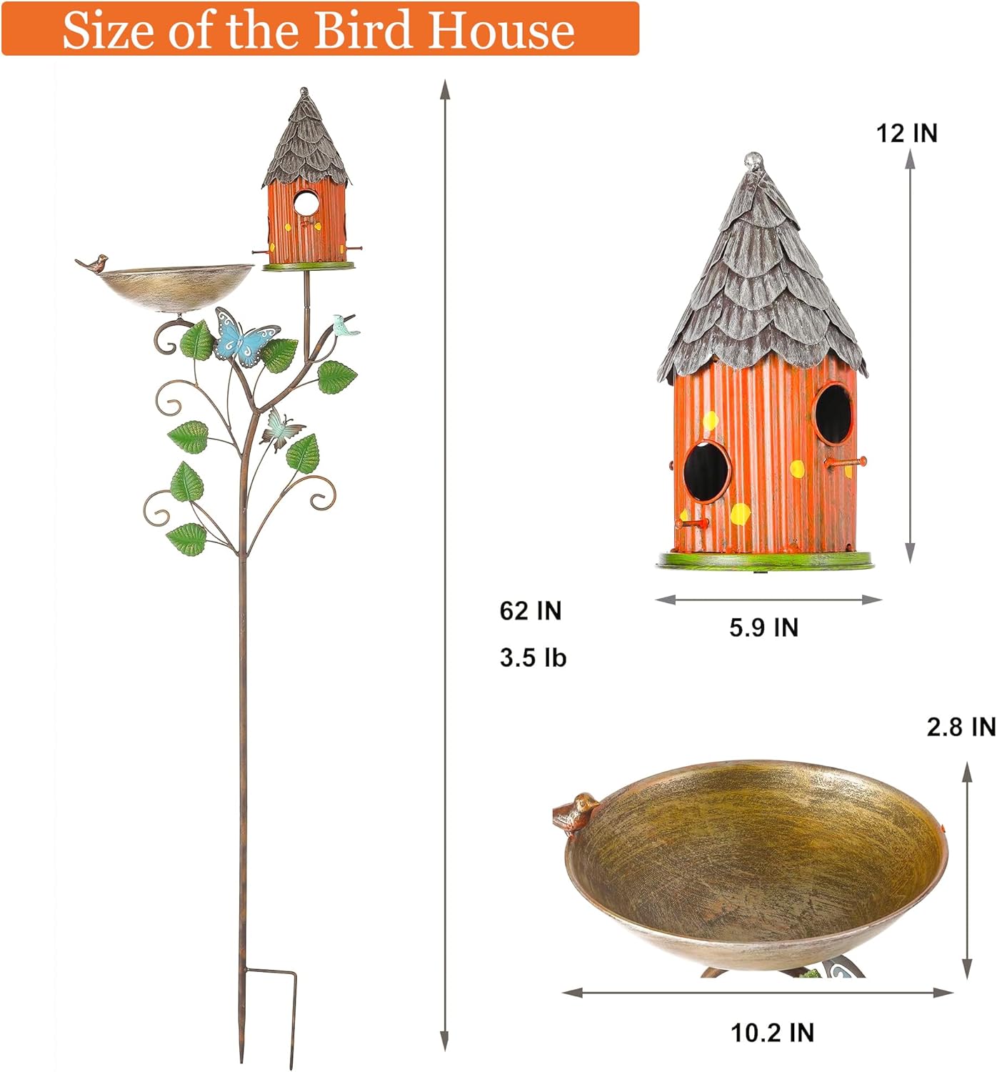 62.4" Metal Bird Houses for Outside with Pole, Bird Baths and Bird Houses for Outdoor, Birdhouses with Stake, 2-in-1 Garden Yard Garden
