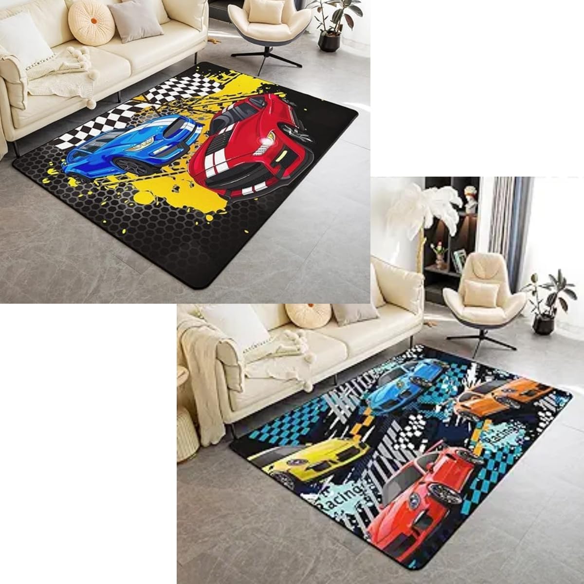 Racing Car Rug 2pcs,Kids Teens Colorful Cars Race Game Non Shedding Living Room Rugs for Kids Teens Adult,Speeding Game Carpet,Extreme Sports Bedroom Rug Living Room,Bedside,Playroom Decor,3x5