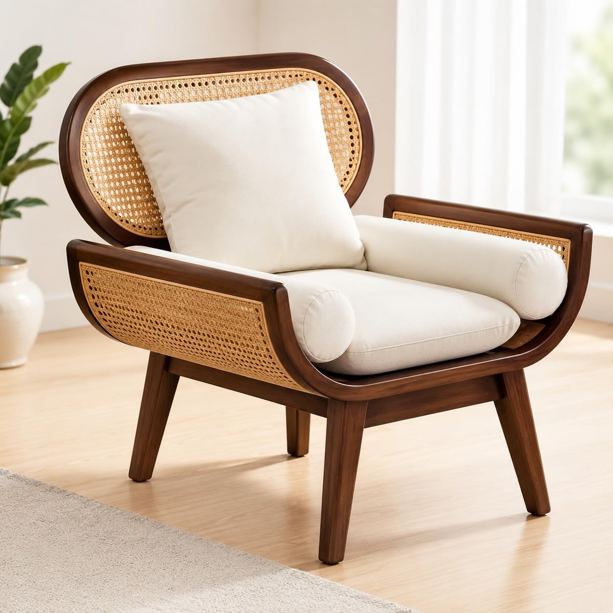 Modern Solid Wood & Natural Cane Sofa | Mid Century Living Room Furniture | Premium Rattan Frame with Soft Cushions | Walnut Finish-picture-20