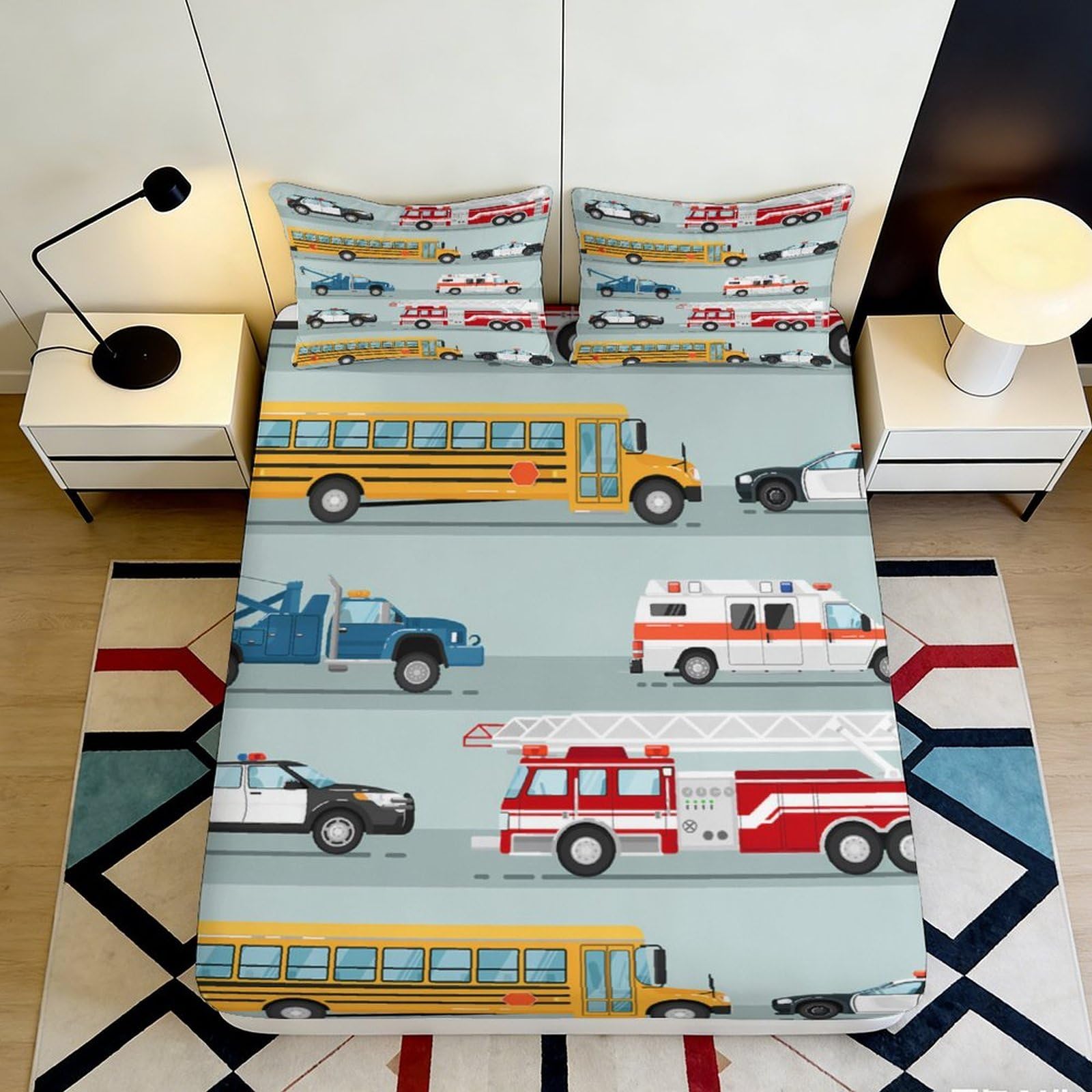 3D Printed Vehicle Pattern Fitted Sheet Microfiber Durable Soft 3D Printed Emergency Truck Bed Cover for Dormitory Guest Room Mattress Protection 200x200x25cm