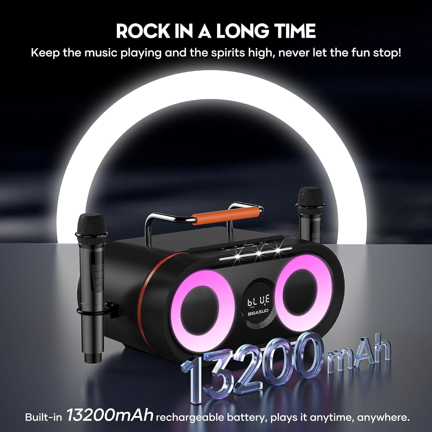 BIGASUO Karaoke Machine with Rich Deep Bass Explosive Flashing Lights for Adults Portable Bluetooth Singing PA Speaker System with 2 UHF Wireless Microphones for Home Party Wedding Outdoor