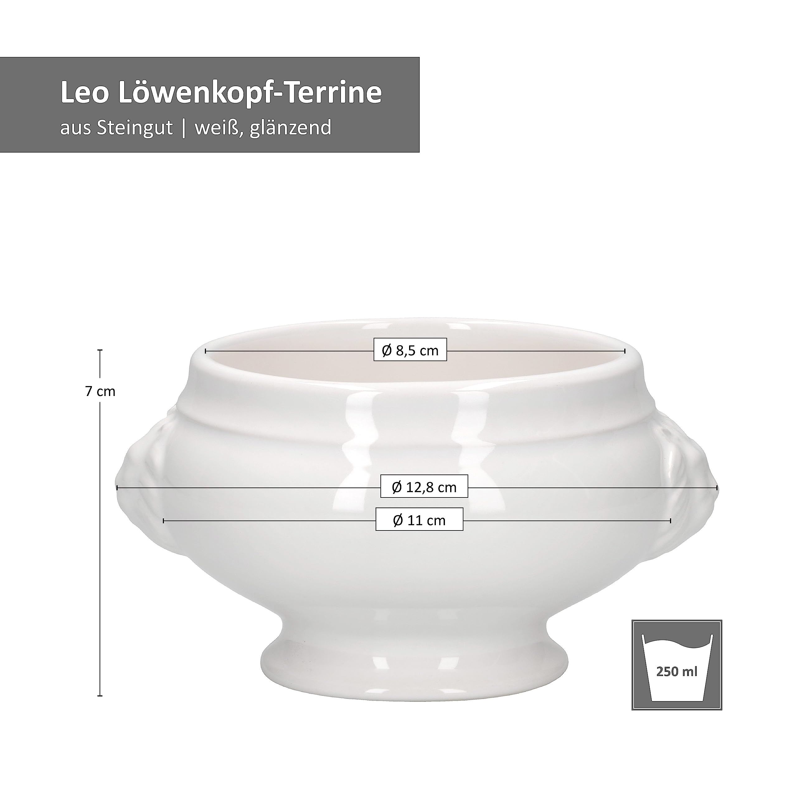 MamboCat Lot de 6 terrines LEO tête de lion I Petit – 250 ml I Pour 6 personnes I Tasses à soupe blanches 0,25 l I Soupières à soupe avec têtes de lion I Bol à soupe pour soupe de mariage, pois ou