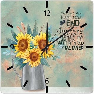 Beautiful Sunflower in Vase Hanging Clock 10in Old Wall Plaster Wooden Wall Clock Silent Non-Ticking Battery Operated Farmhouse Popular Wall Decor for Mantel Sewing Room Nursing Home Front Door