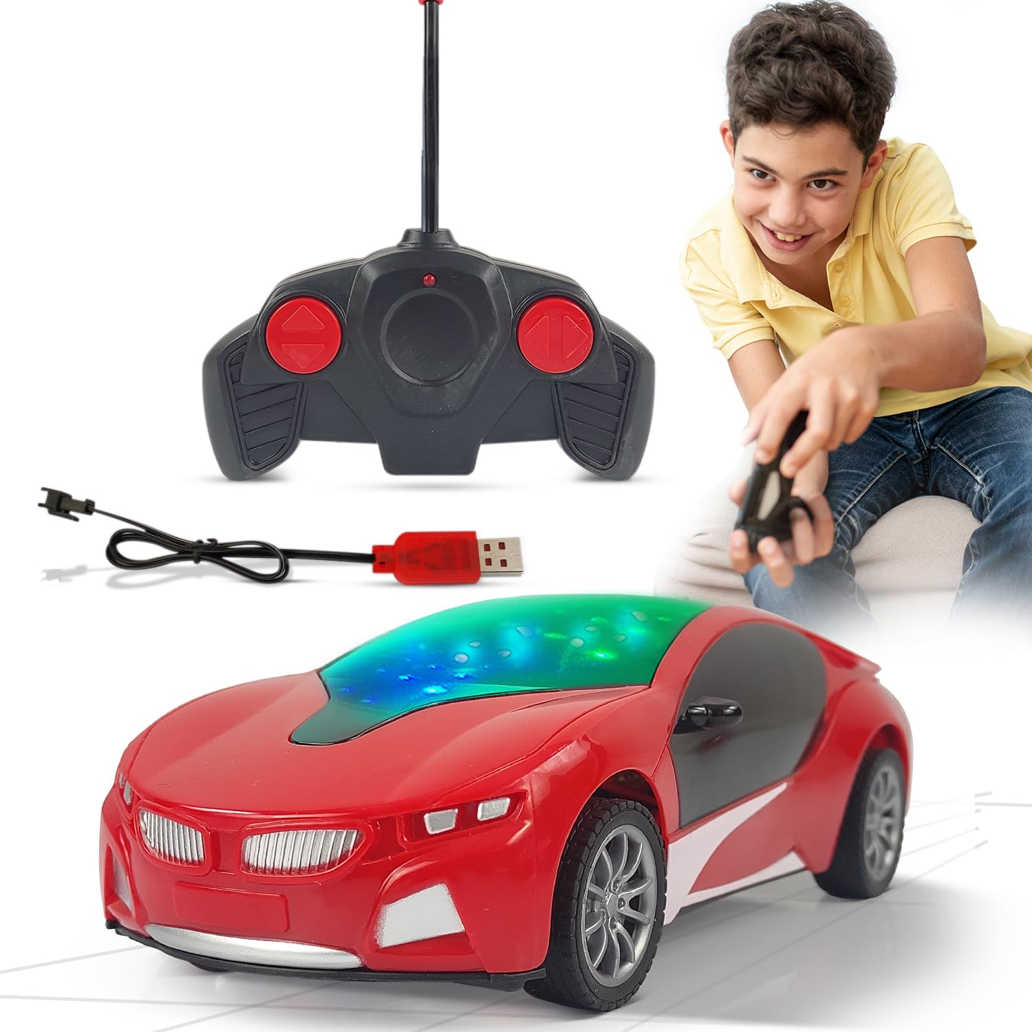 NHRRemote Control Car Chargeable, 3D Remote Control, Lighting Famous Car Remote, Car for Kids 4 Function Racing Car 3+ Years, (Red)