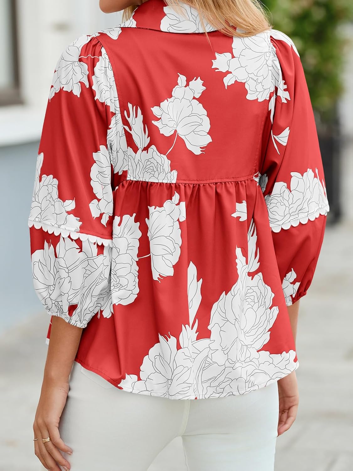 Tankaneo Womens Floral Peplum Babydoll Tops 3/4 Puff Sleeve Pleated Blouse Cute Casual V Neck Loose Fit Flowy Boho Shirts - Image 3