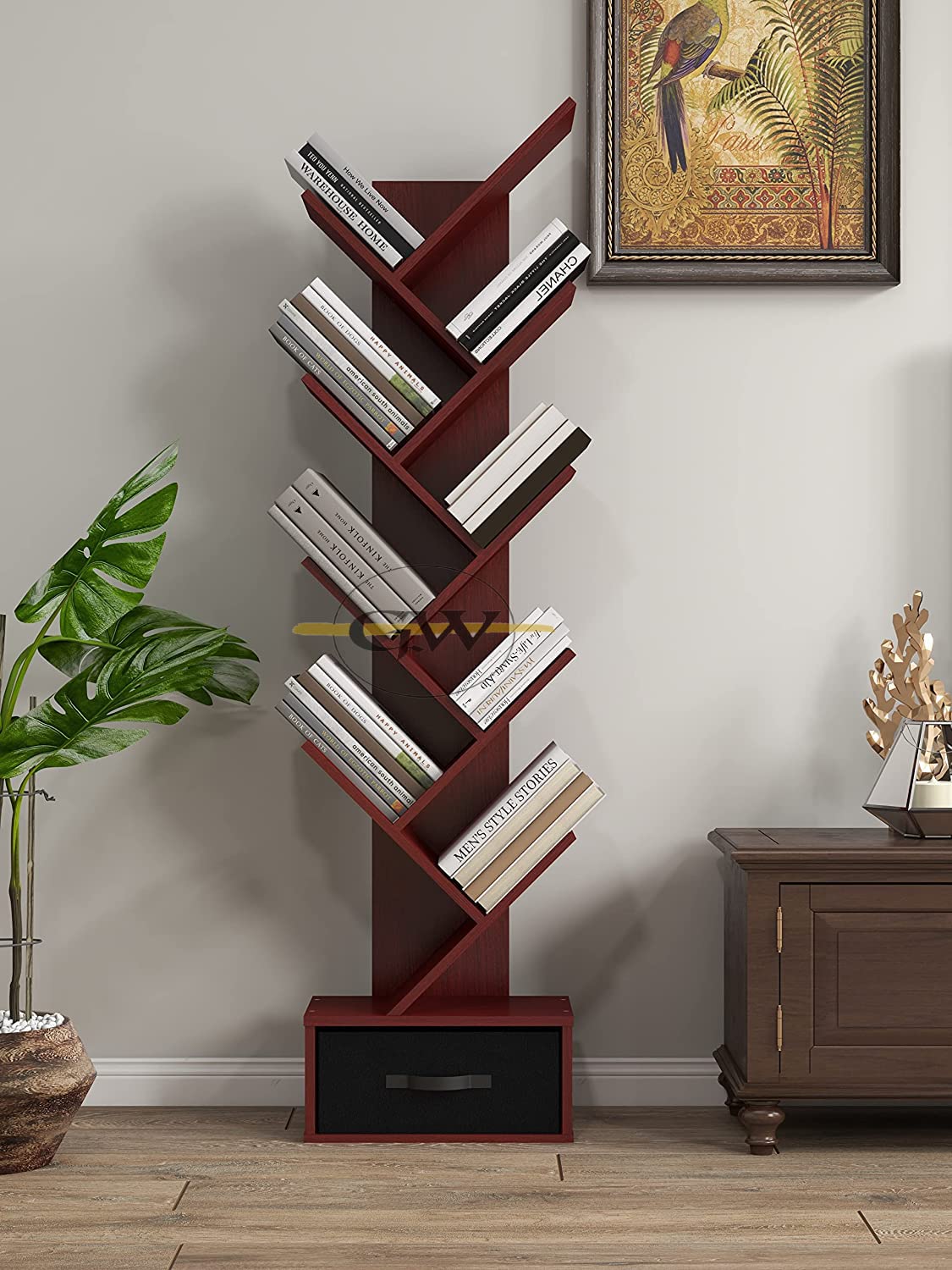 GLOBAL WOOD Tree Bookshelf with Drawer, 8Tier Wooden Storage Rack