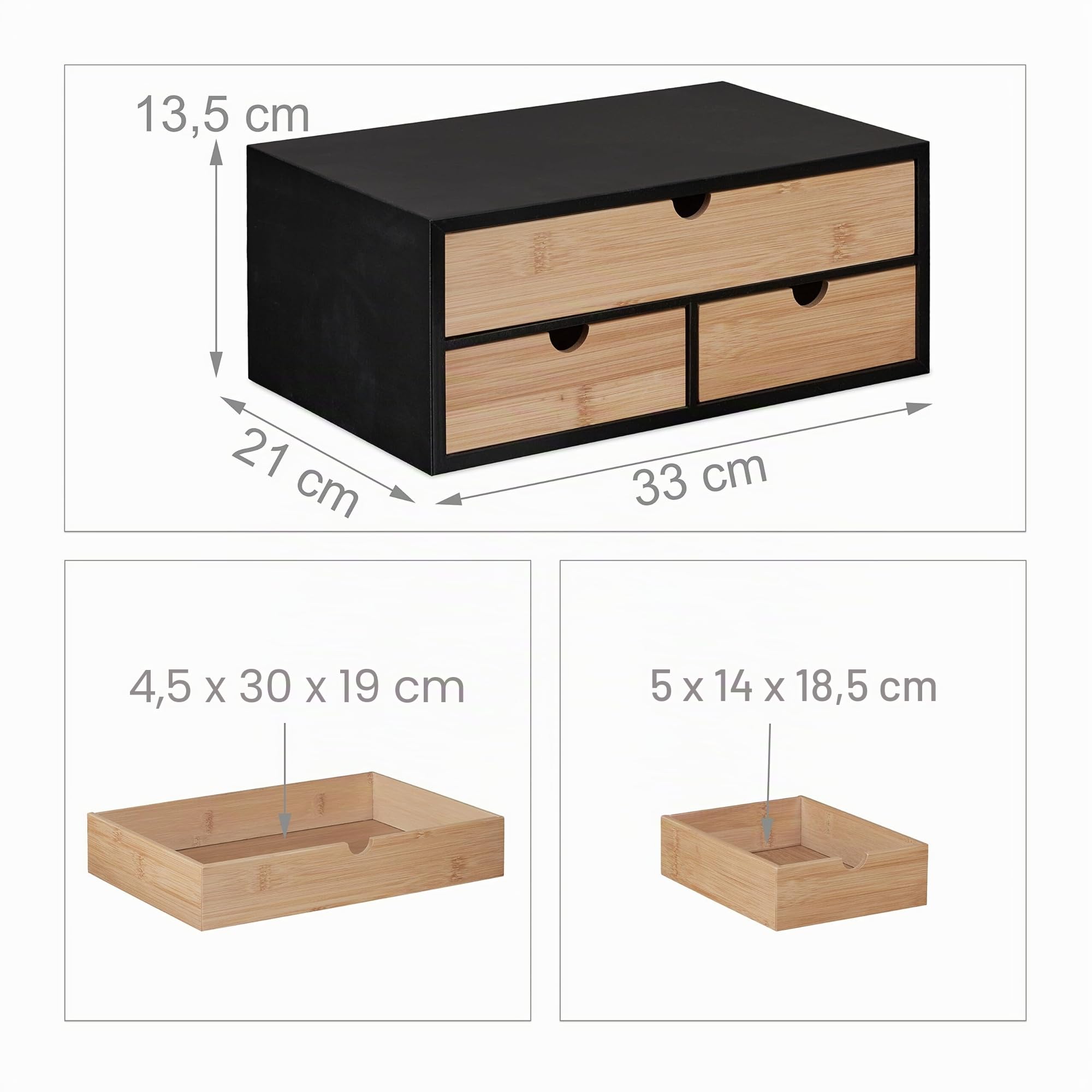 Relaxdays Organizador de Escritorio con 3 Cajones, Bambú Veteado y MDF, para Oficina, 13,5 x 33 x 21 cm, Natural y Negro