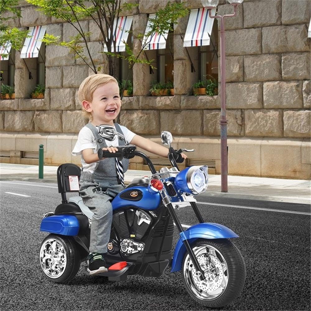 Pemberly Row 6V Kids Ride On Chopper Motorcycle, 3-Wheel Trike, Blue Finish, Adjustable Headlight, Rechargeable Battery, Durable Wheels for Indoor and Outdoor Play, Ages 3-8