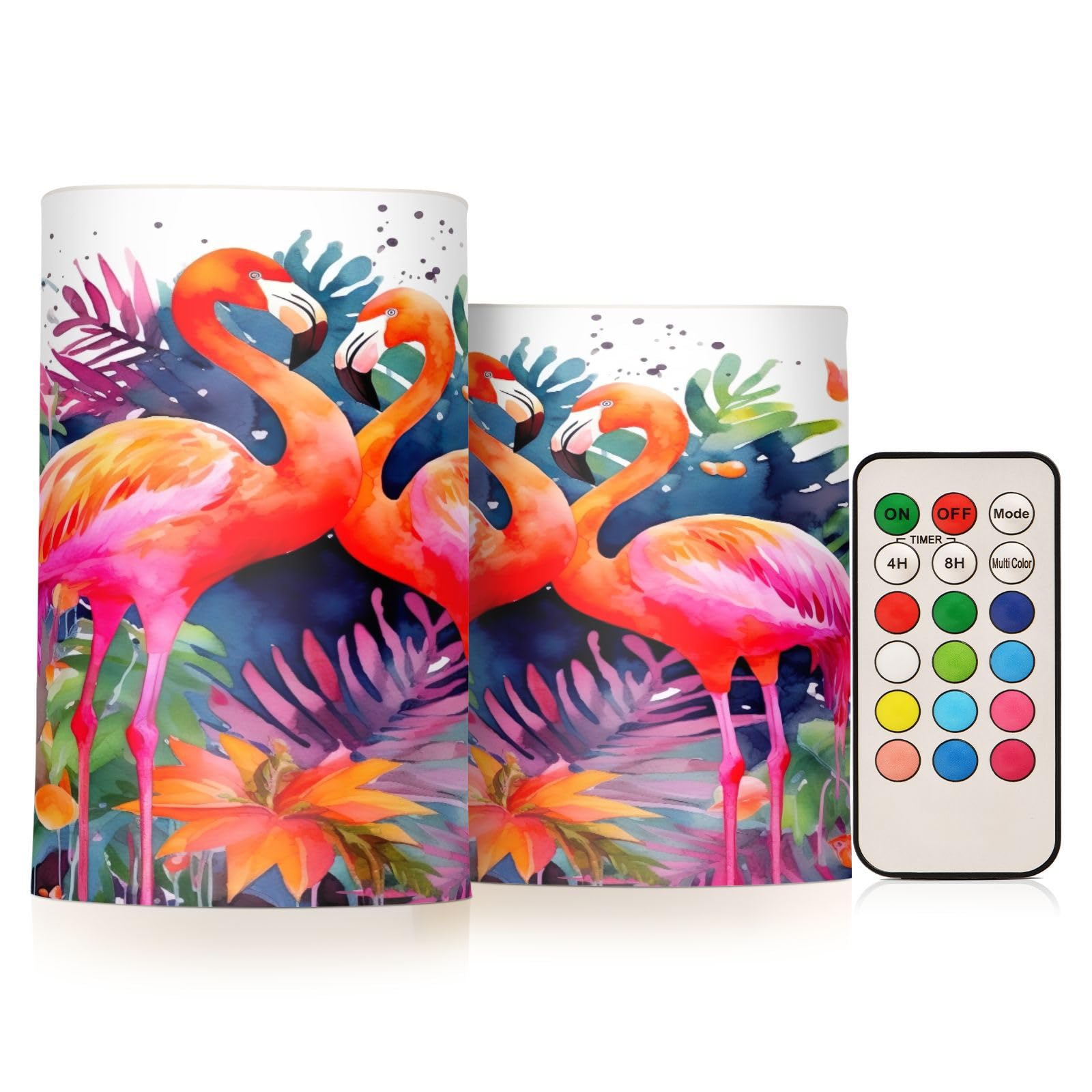 Kigai Watercolor Flamingos Flameless Candles with Remote Control and Timer,Battery Operated LED Pillar Candles Adjustable Brightness for Ourdoor Indoor Use,Home Decor,2 Pack