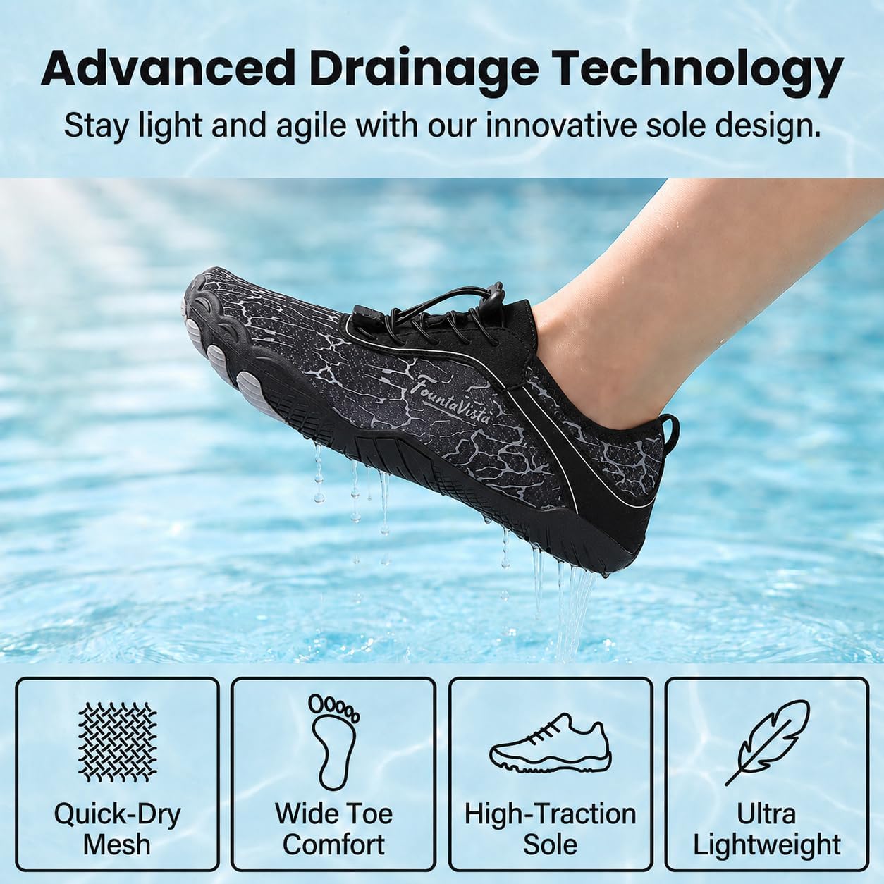 Women's Water Shoes, 7-Hole Drain, Wide Toe Box | Quick-Dry, Non-Slip Sole, Cushioned Midsole, for Beach, Swimming, Kayaking, Fishing, Creek Walking
