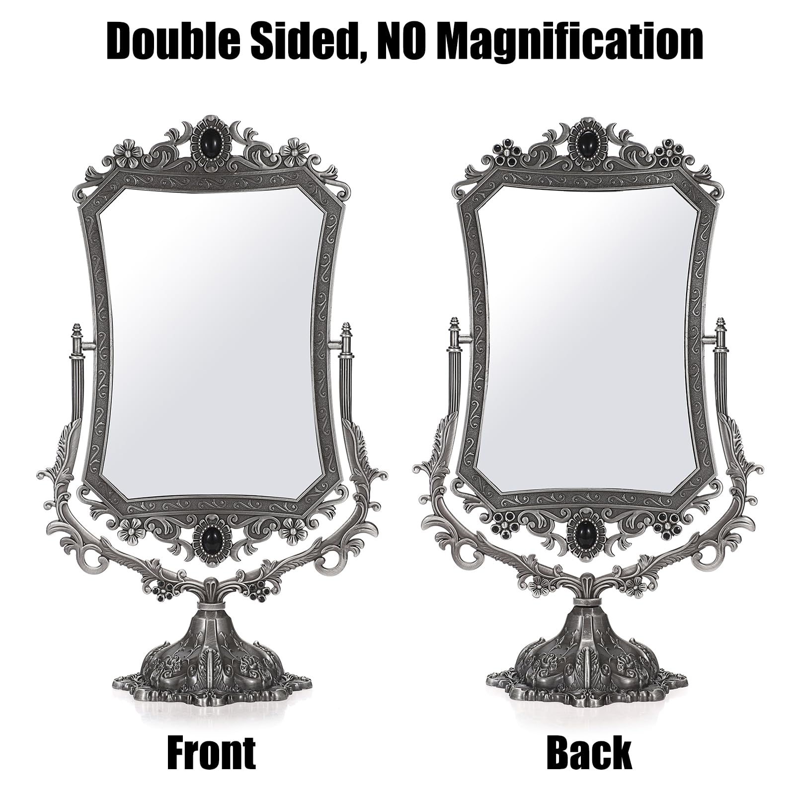 JUXYES Espejo de maquillaje decorativo antiguo de metal con soporte, espejo cosmético de doble cara giratorio de 360° con marco, espejo mágico de escritorio retro para tocador, plateado