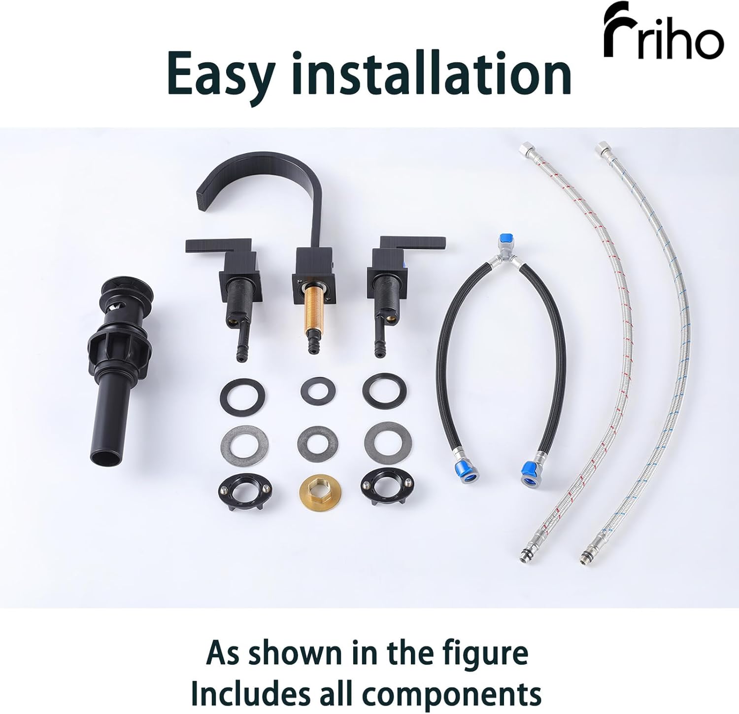 Friho Matte Black Bathroom Faucets for Sink 3 Hole,8 Inch Widespread Waterfall Vanity Faucet with Pop Up Drain and Supply Lines, FR3DC17924B - Image 8